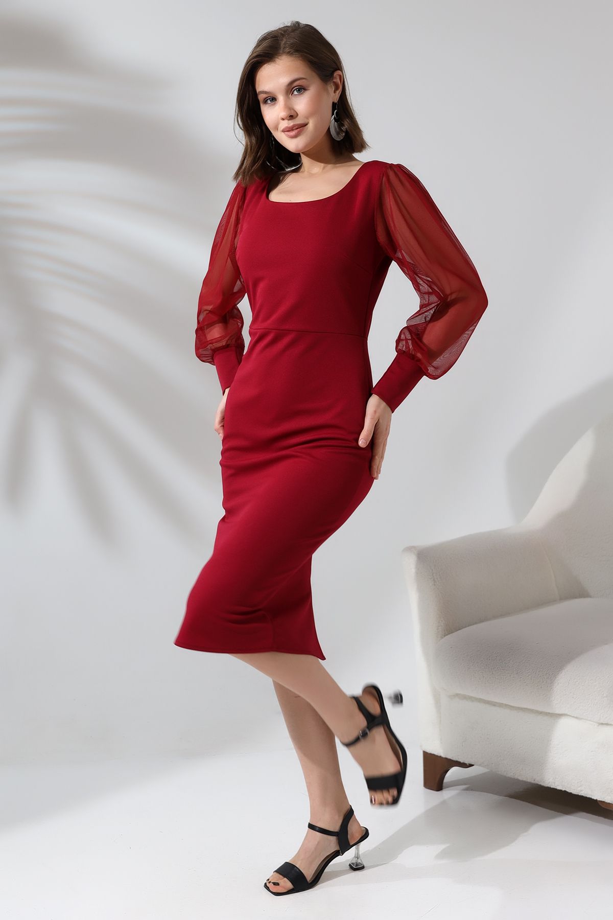 Bordo Yuvarlak Yaka Balık Elbise F116