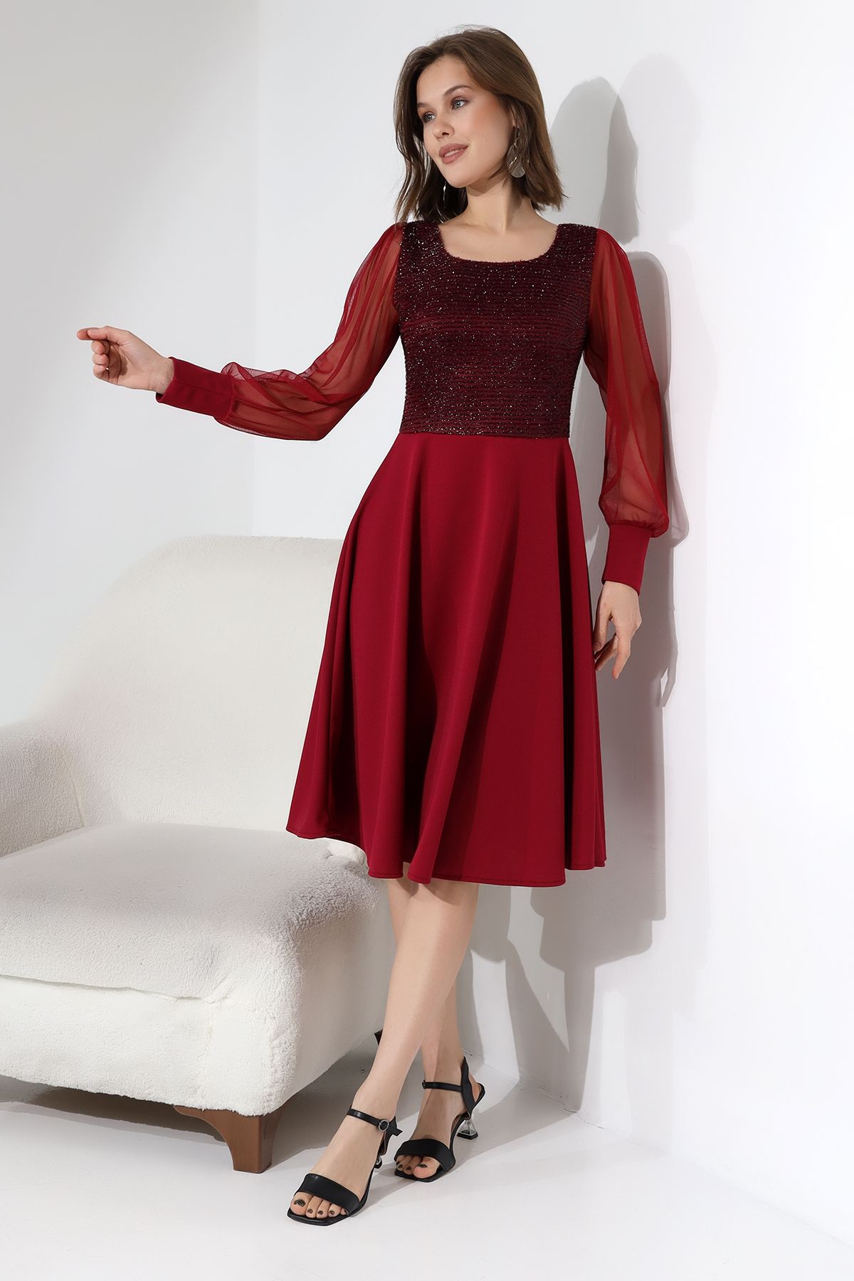 BORDO Simli Yuvarlak Yaka Elbise F119