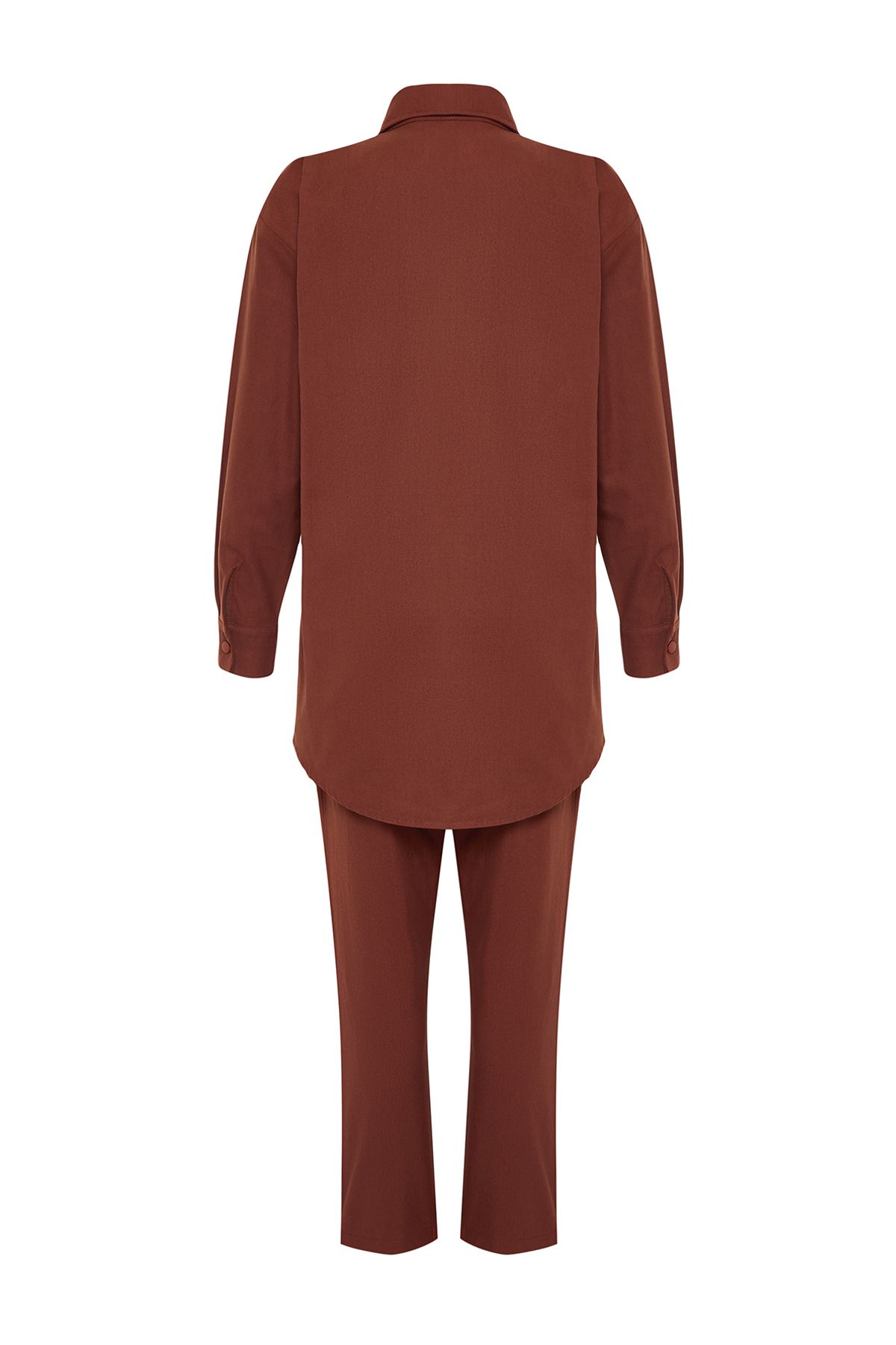 Trendyol Modest-Tmavohnedé vreckové košeľa-nohavice tkaný oblek s detailným zapínaním na patent TCTAW22US0013 8