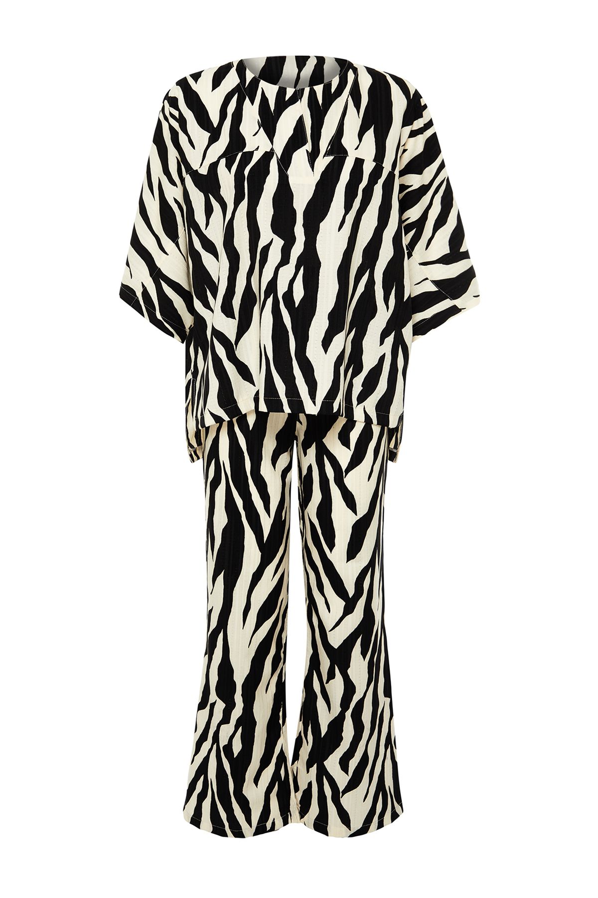 Trendyol Modest-Mink Three Quarter Sleeve Zebra Patterned Tunic Trousers Woven Bottom Top Set TCTSS24US00020 7