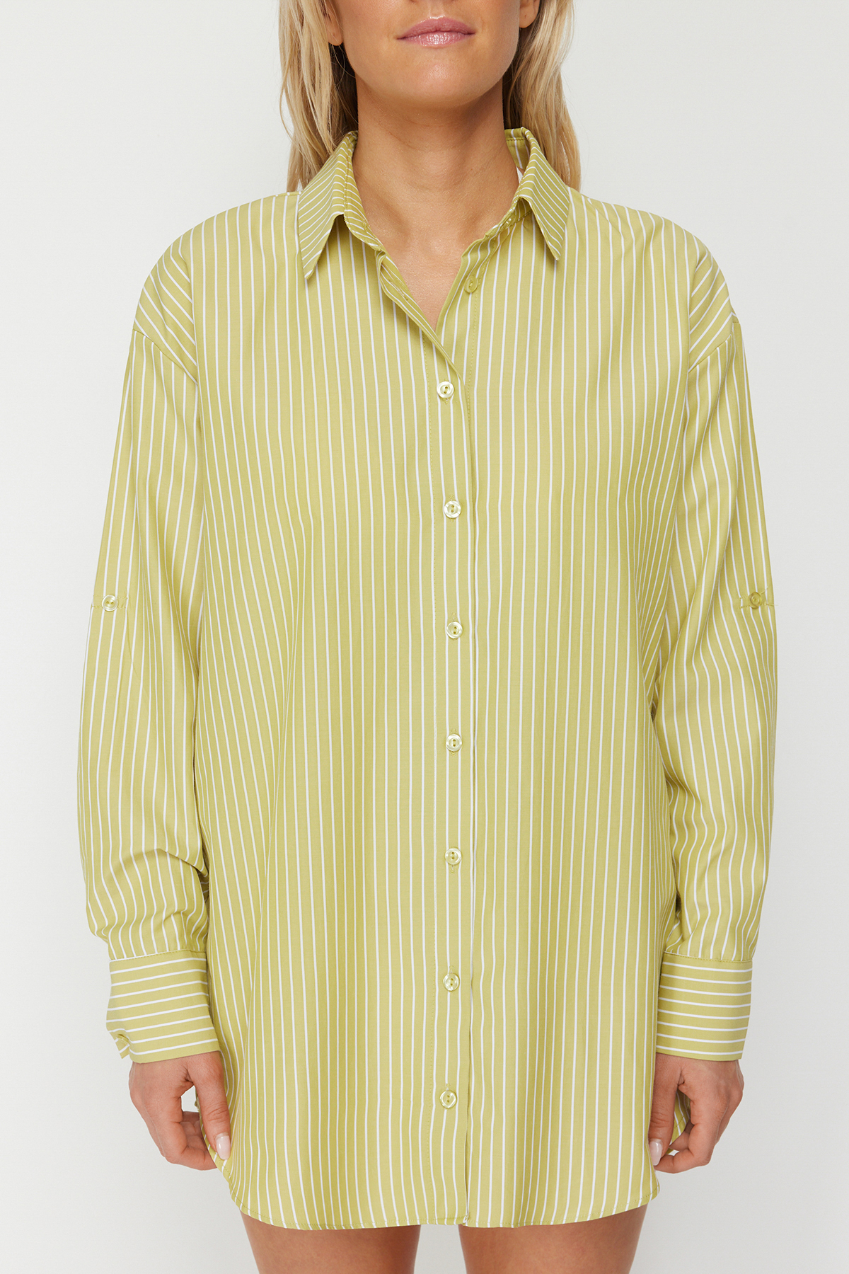 Trendyolmilla  Plaj Giyim Yeşil Çizgili Dokuma Maxi Gömlek TBESS22GO0664 - Görsel 5