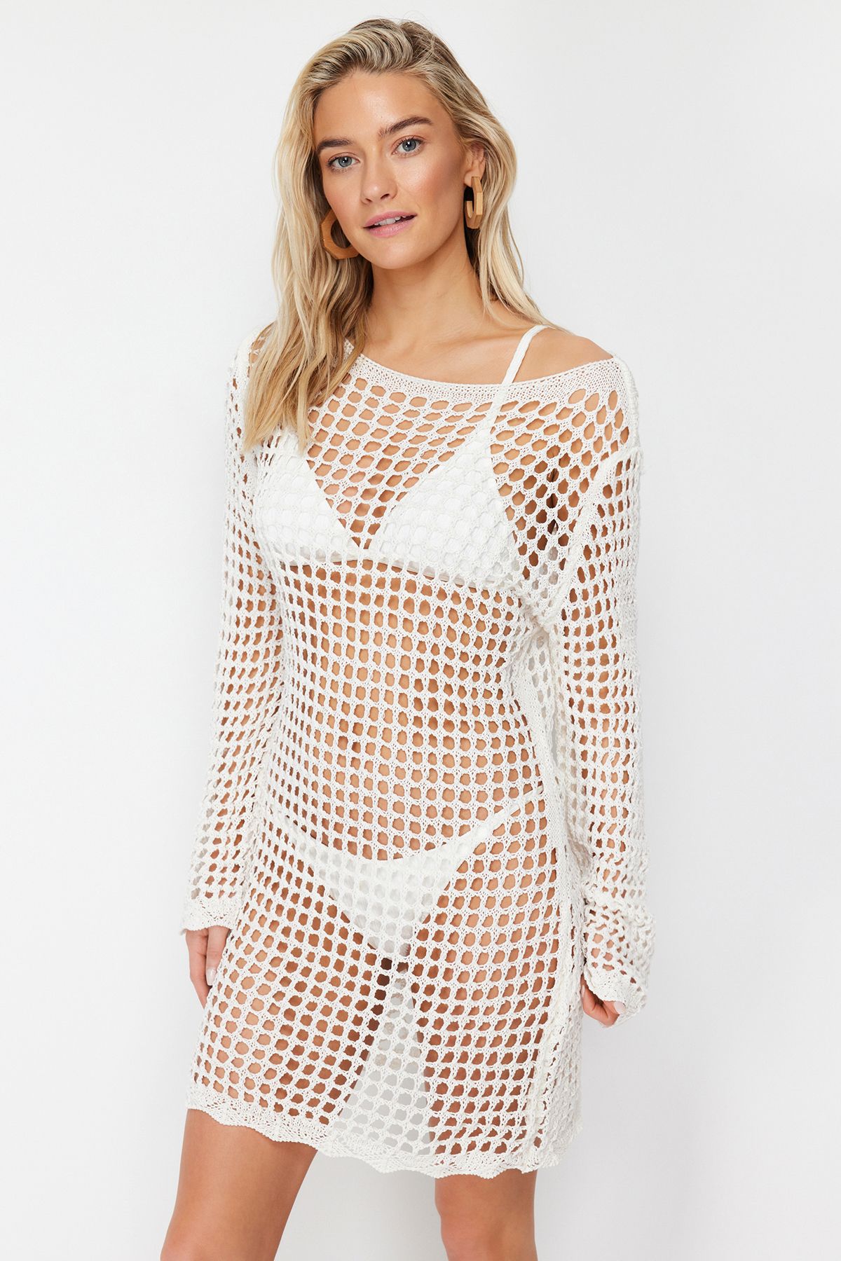 Trendyol Collection-Ecru Mini Knitwear Crochet Beach Dress Tbess24El00065 2