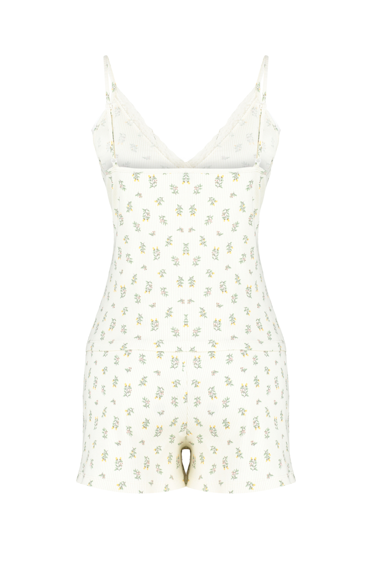 Trendyolmilla  Ekru Pamuklu Çiçekli Dantelli İp Askılı Fitilli Şortlu Örme Pijama Takımı THMSS24PT00062 - Görsel 9