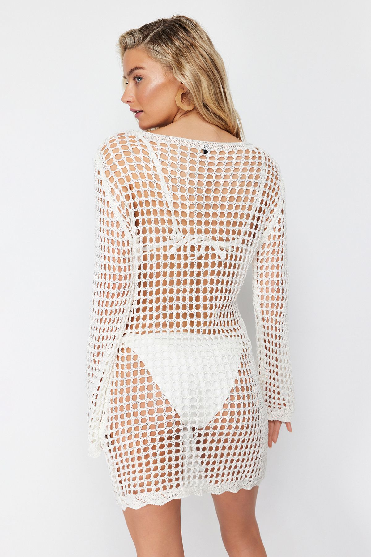 Trendyol Collection-Ecru Mini Knitwear Crochet Beach Dress Tbess24El00065 4