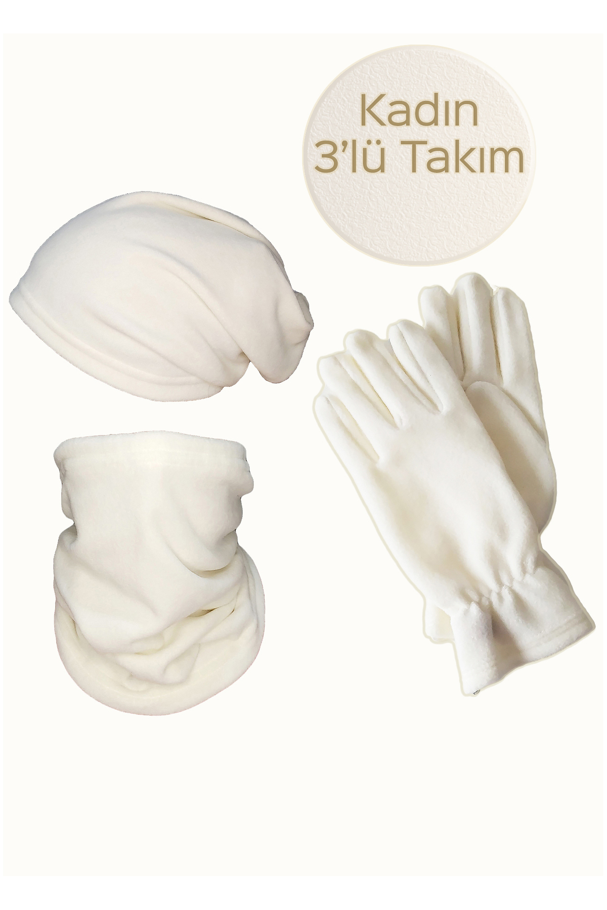 Mrey Kadın Ekru Termal Kışlık Polar Parmakları Kapalı Eldiven Ipli Bere Boyunluk Şapka Olabilen 3'lü Set
