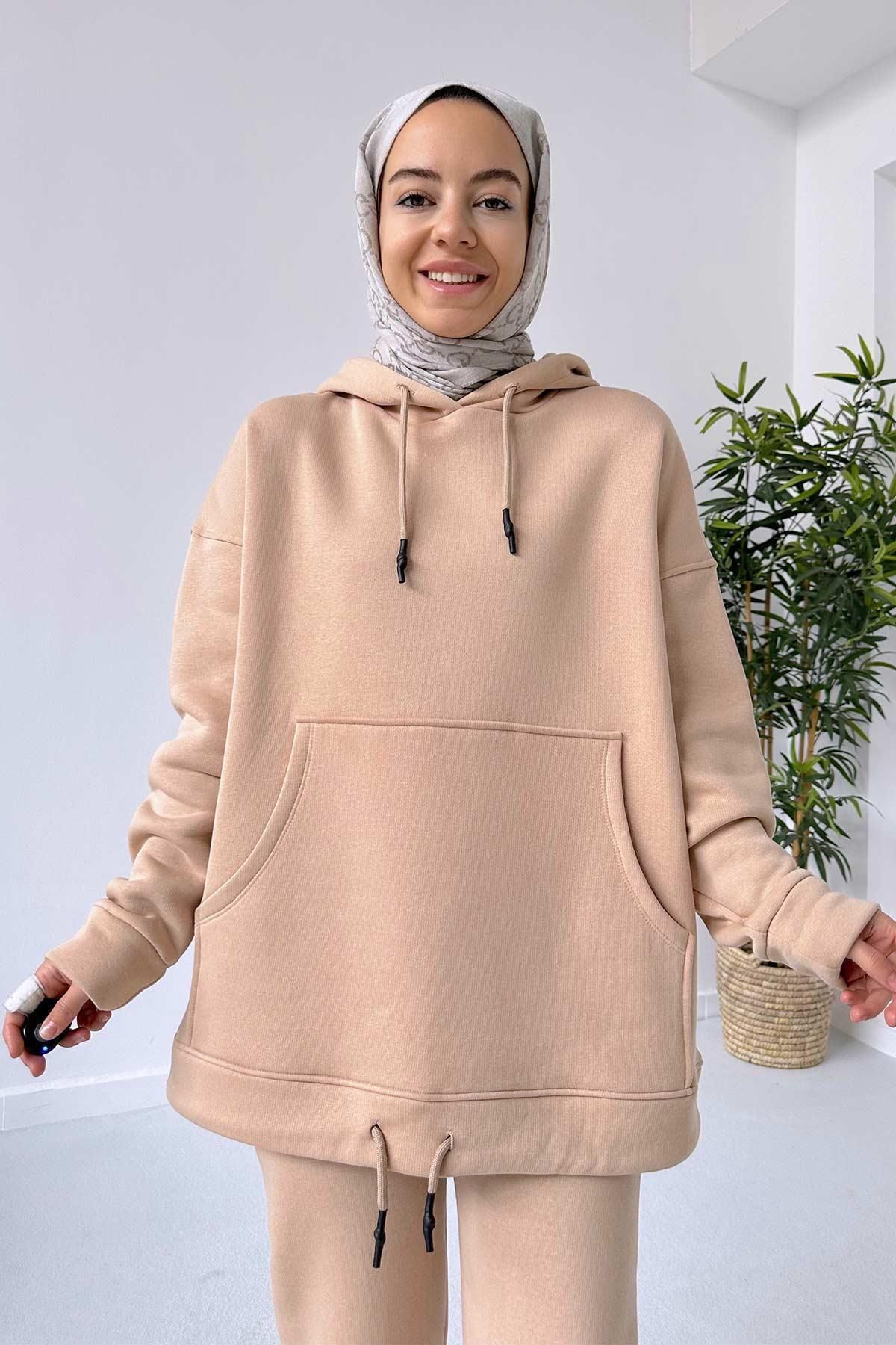 Ka Hijab-3 Thread Hijab Tracksuit Set with Elastic Ankle - Camel 5