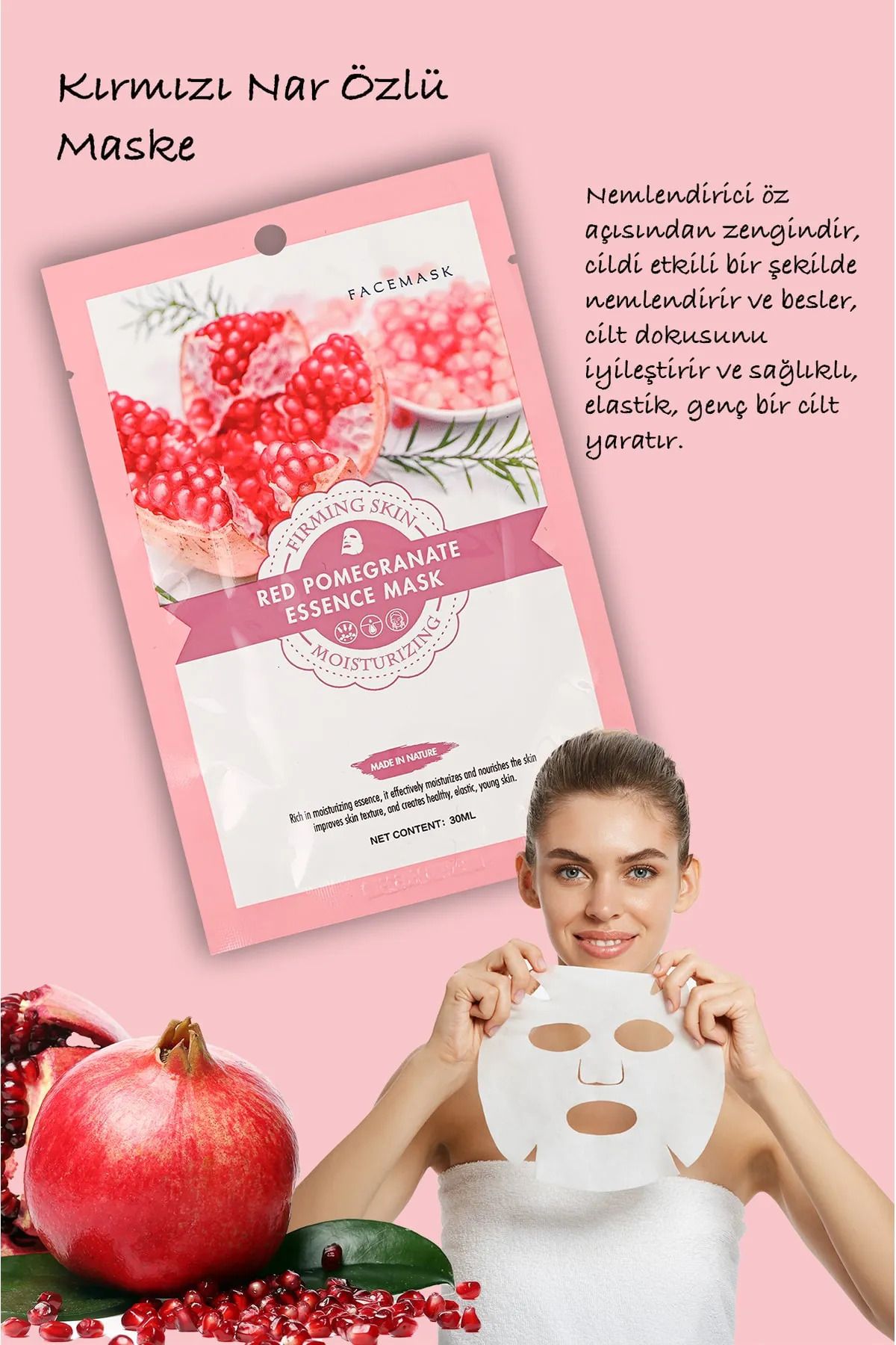 QNİAY-Red Pomegranate Facial Care Mask High Moist Dry Skin 1pc 30ml Pomegranate Extract Mask Home Facial Care 4