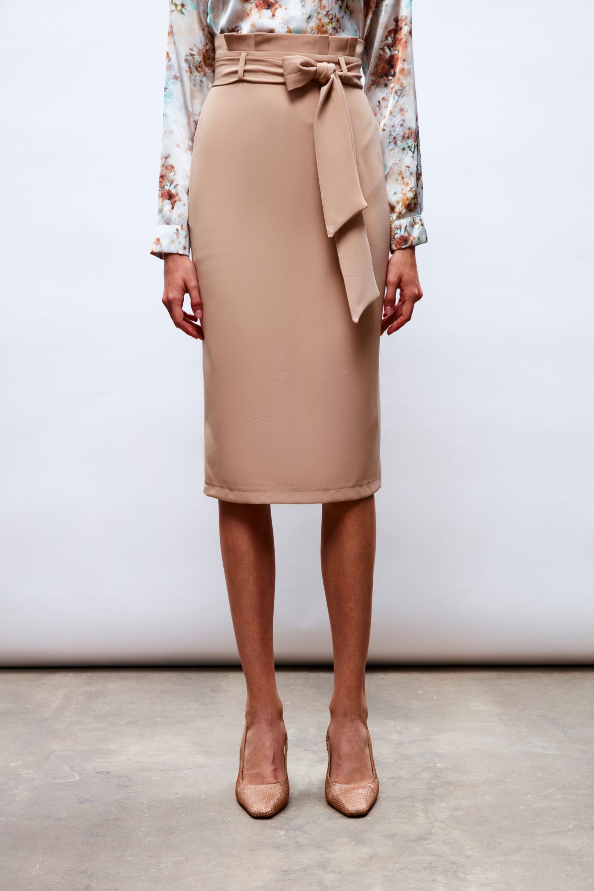 Sateen Belted Pencil Skirt Beige Trendyol