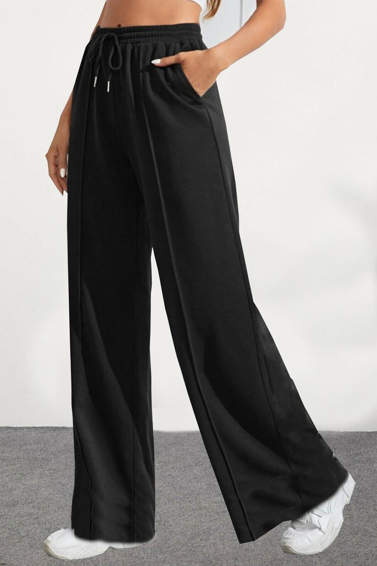 Women's Black Wide Leg Sweatpants with Striped Front Seams