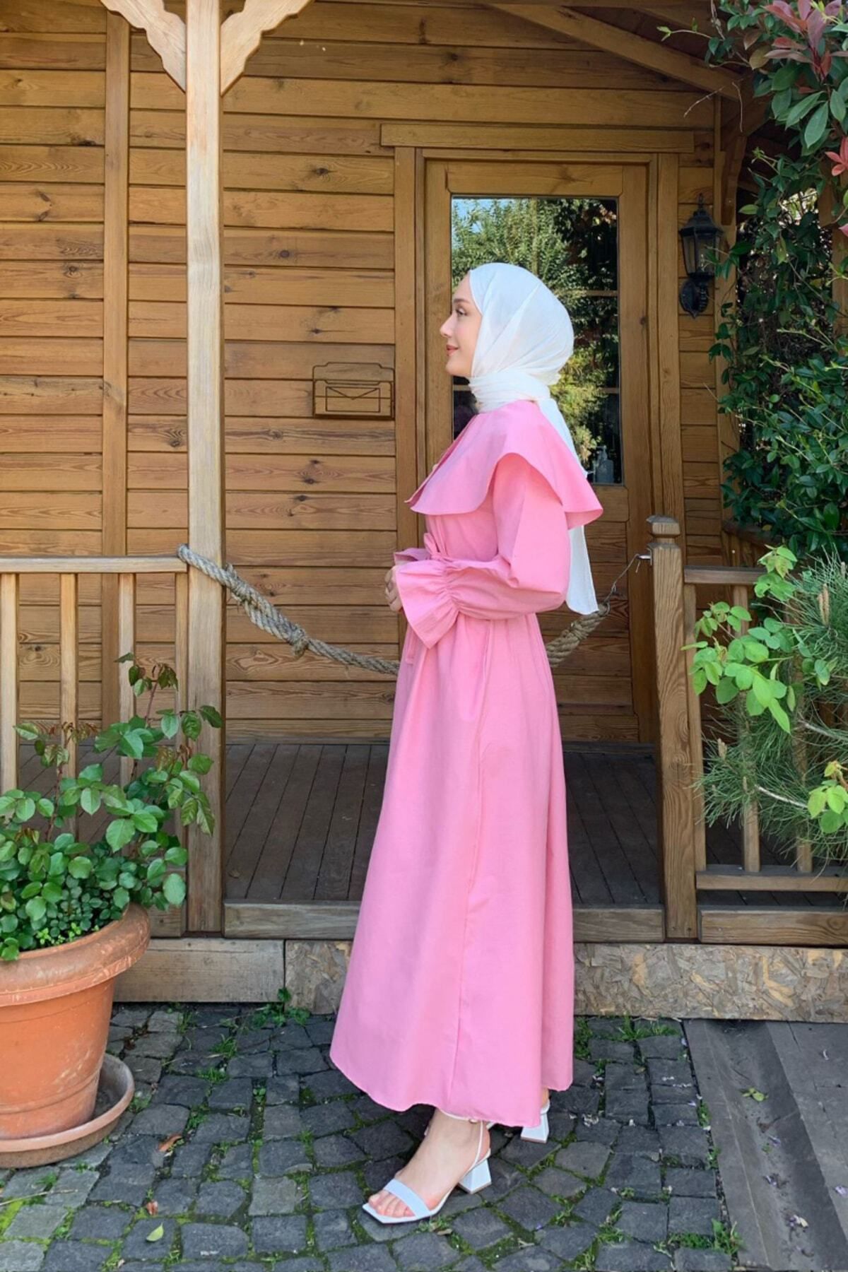 Ceylan Otantik-Rochie roz cu guler lat cu maneca salata verde I Angel 4