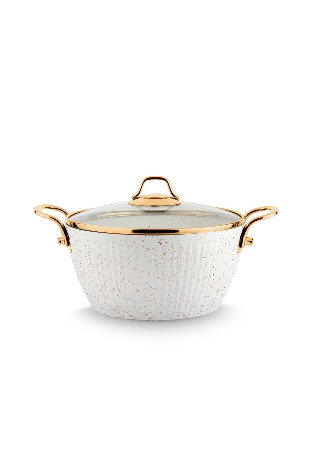 Lines-Maya Granite Patterned Deep Pot Gold Handle - White - 28 Cm 1