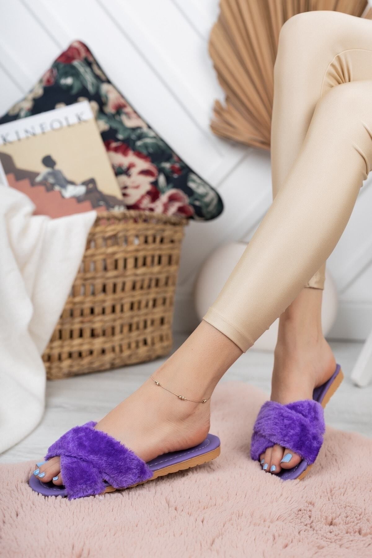 Purple fur slippers sales