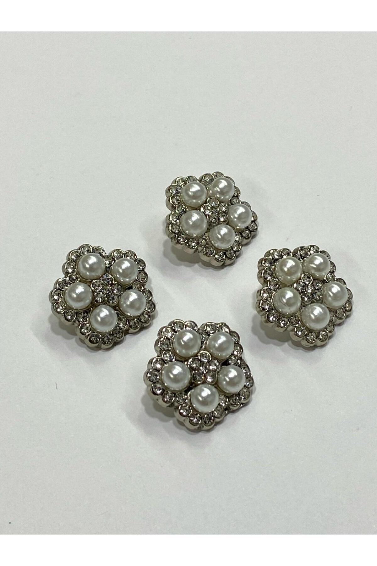 Stoned Button / Stoned Pearl Button / Set of 4 Silver