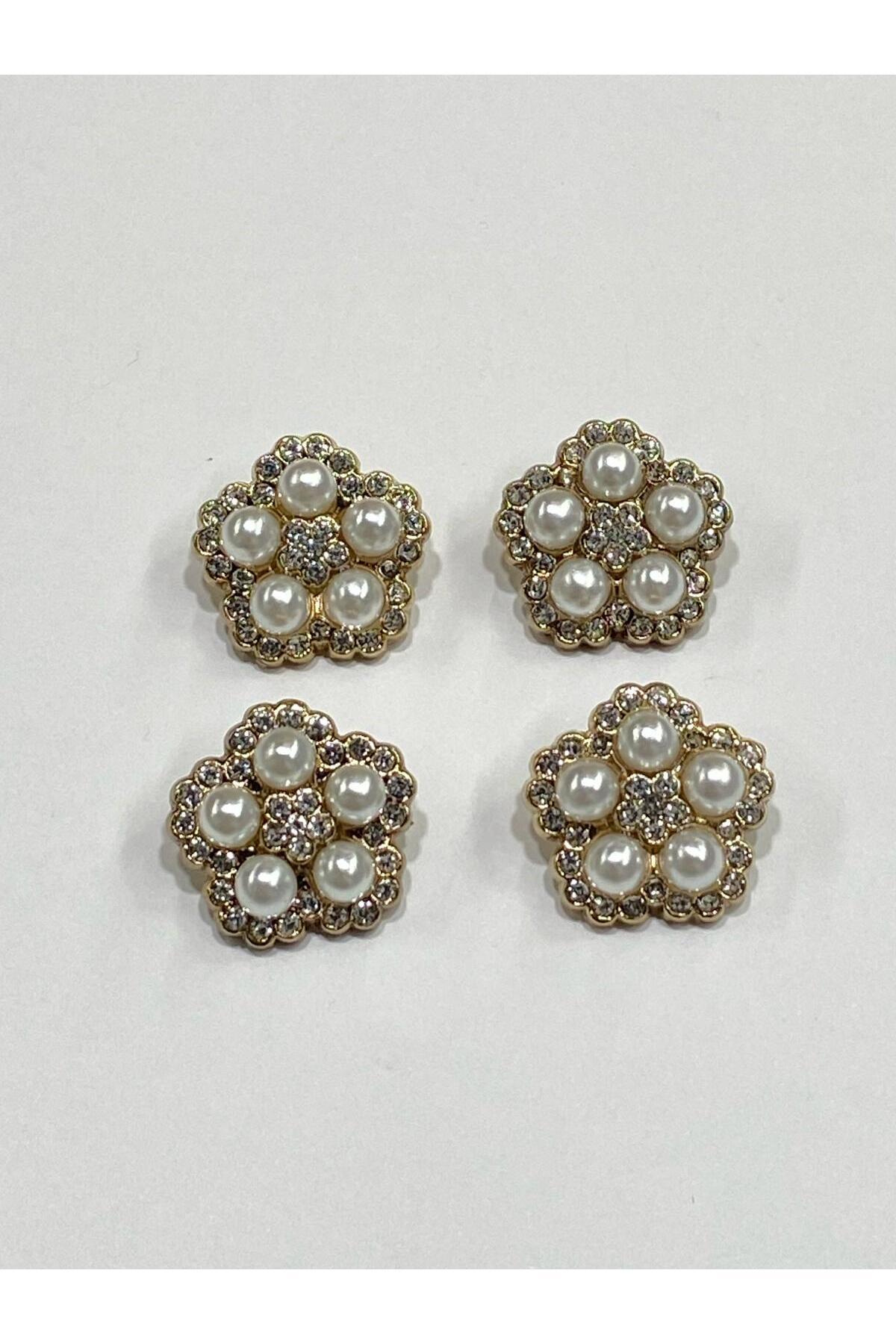 Stoned Button / Stoned Pearl Button / Set of 4 Gold