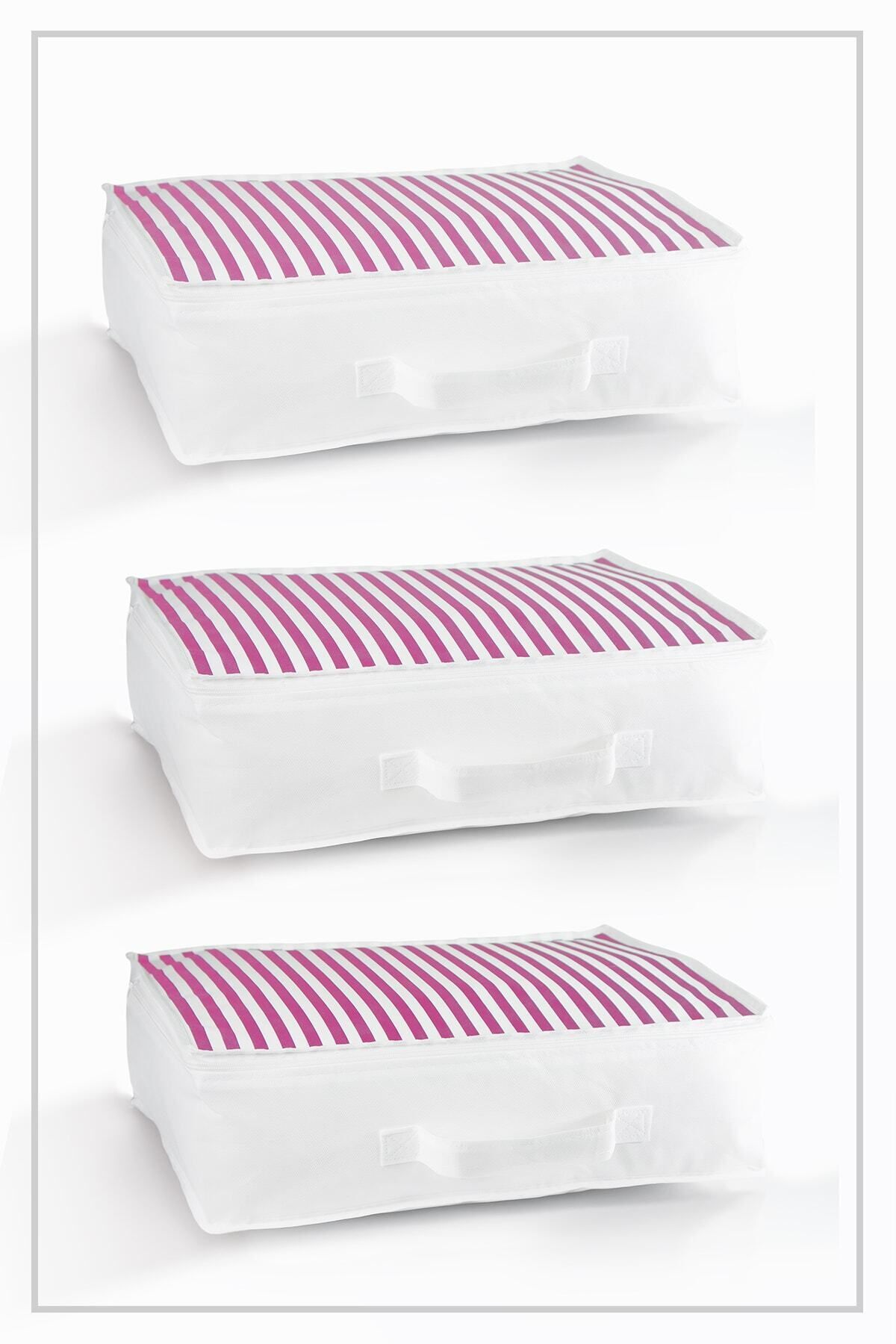 3-Piece Set 53x44x20cm Base Bottom & Wardrobe Organizer Quilt & Pillow Organizer Hatch Pink Striped