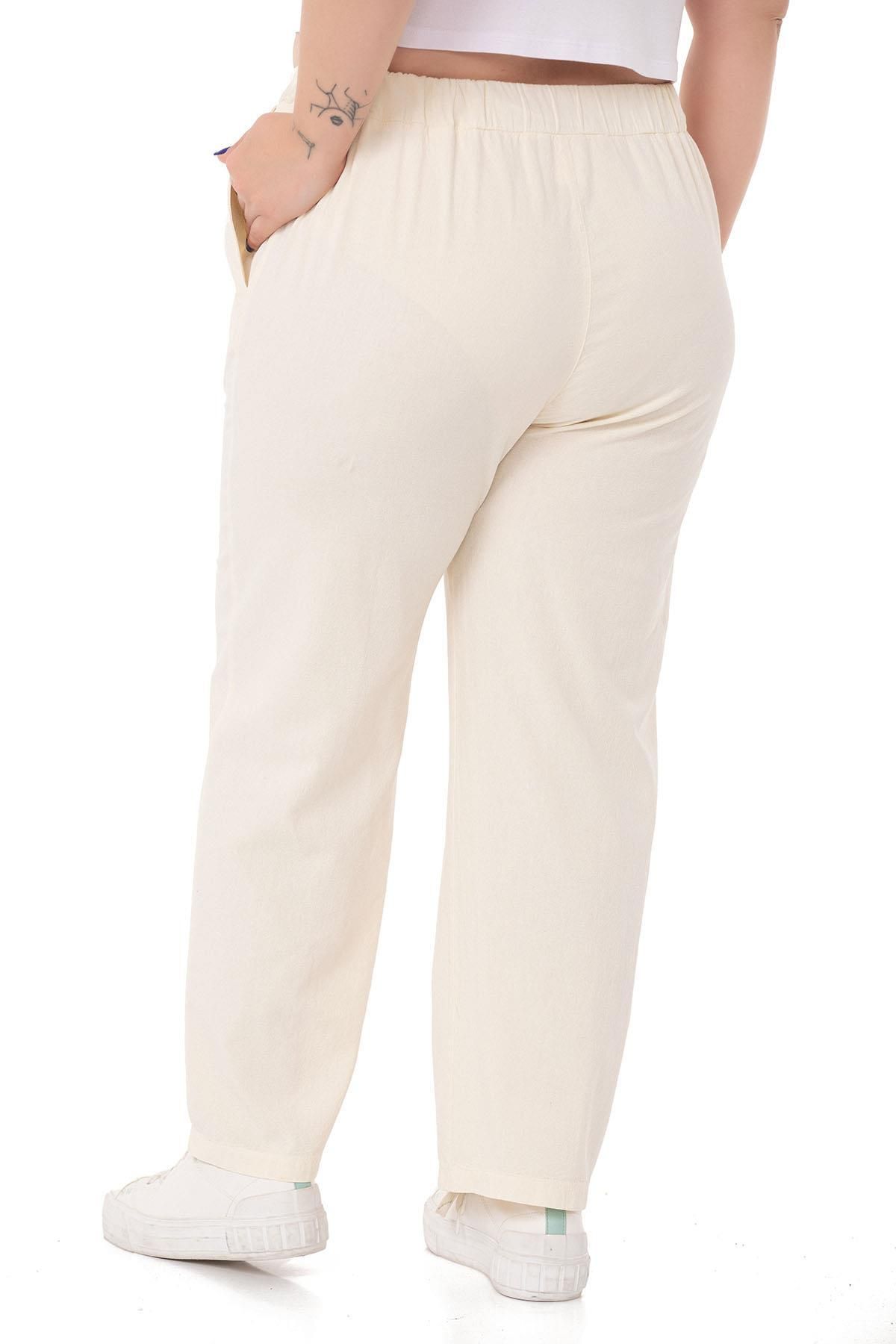 DISENTIS MODEST-Plus Size Ecru Trousers with Elastic Waist and Rope Drawstring Detail 3