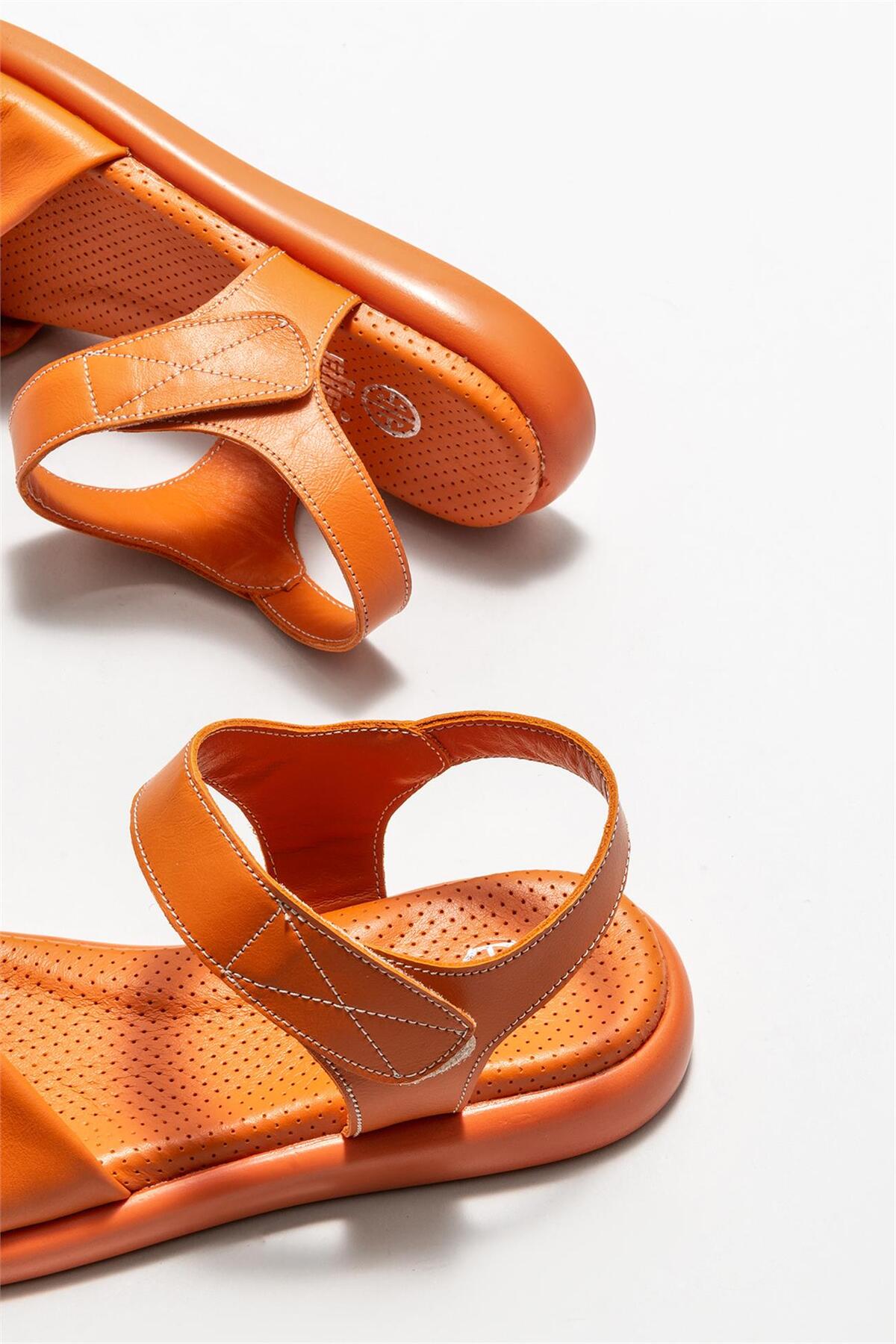 صندل Elle Shoes تخت زنانه چرم طبیعی نارنجی اورجینال - تصویر 4