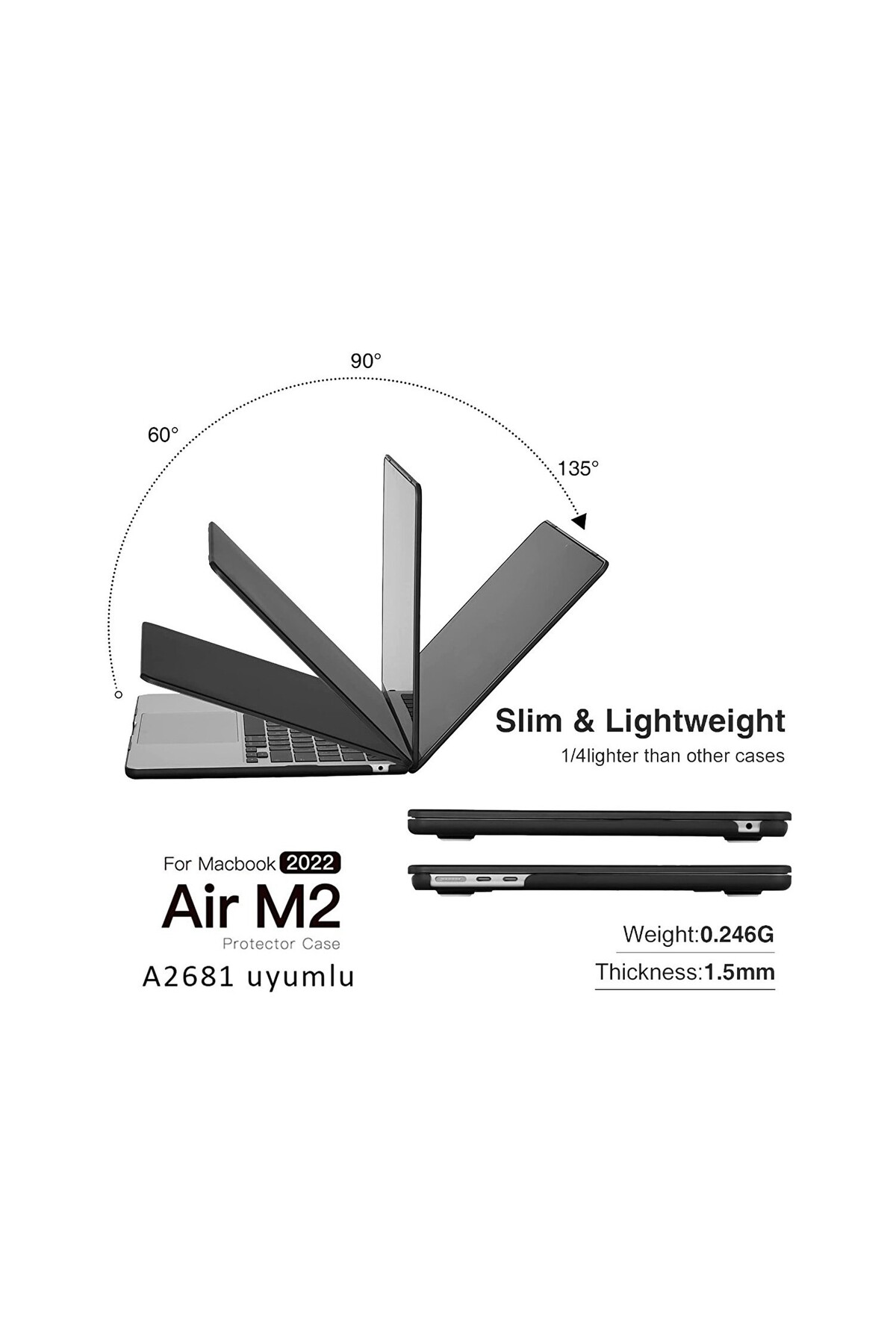 MacBook Air M2 13.6 A2681 2022 Kristal Siyah Kılıf Kapak Koruma 5