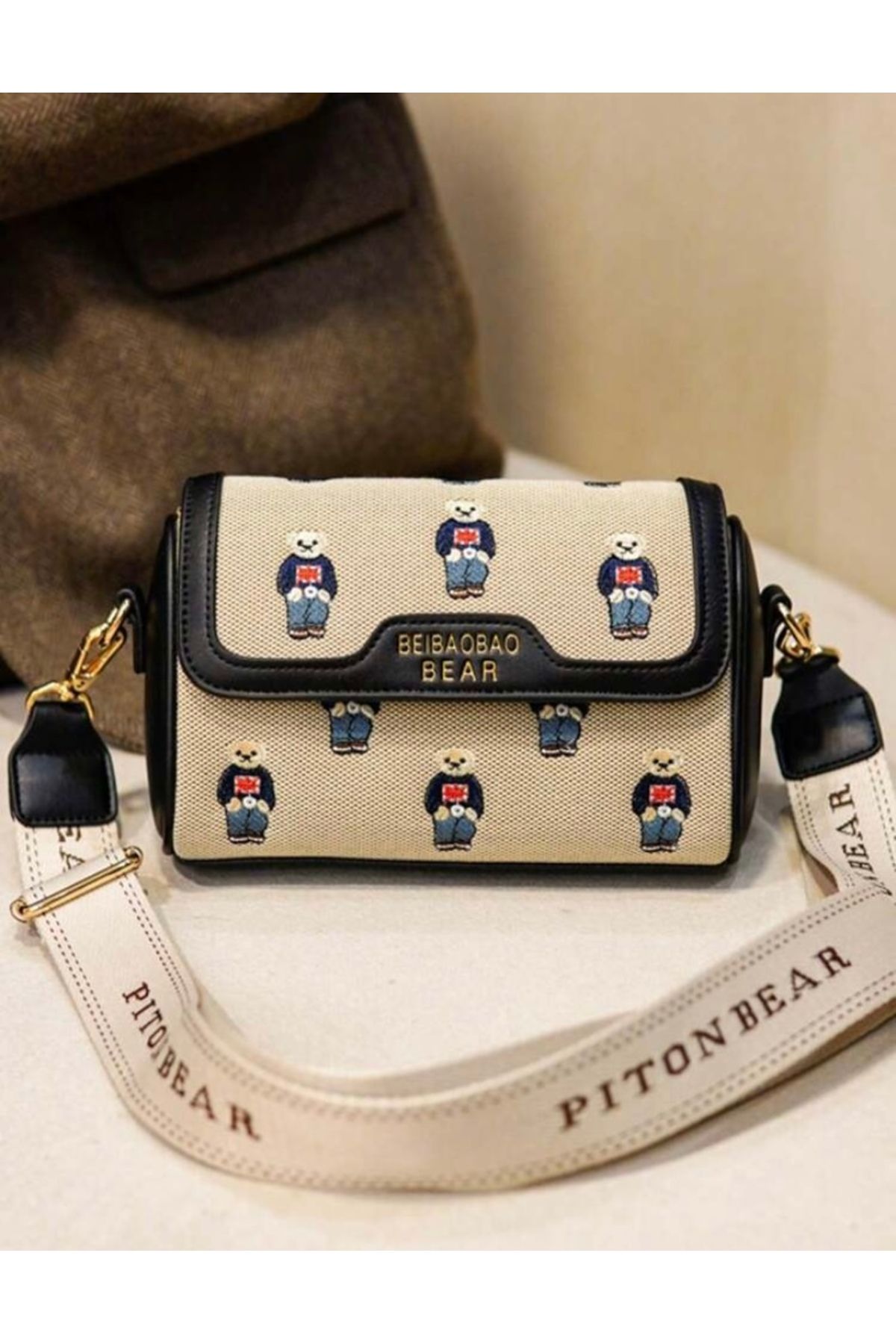 Accessories Moon Home Collection Black Faux Leather Detailed Bear Printed Women s Bag with Strap Trendyol