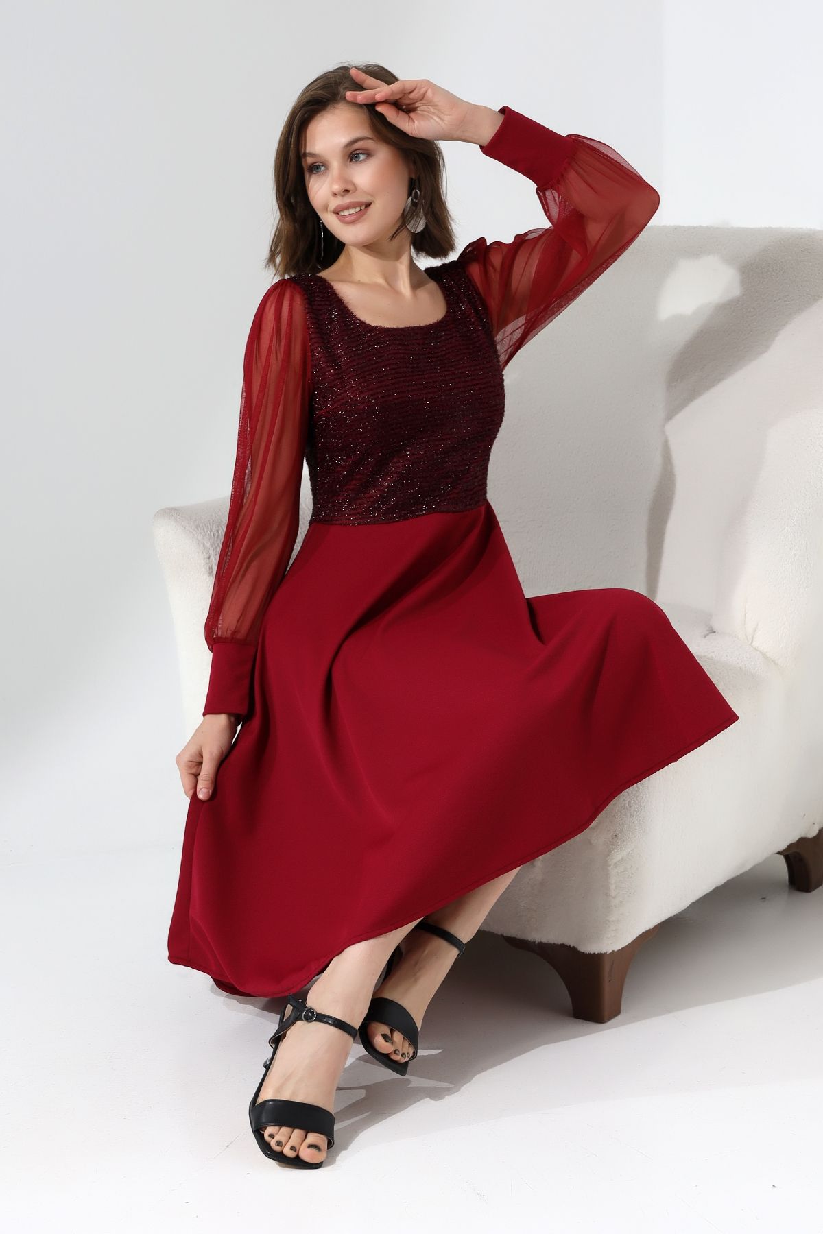BORDO Simli Yuvarlak Yaka Elbise F119