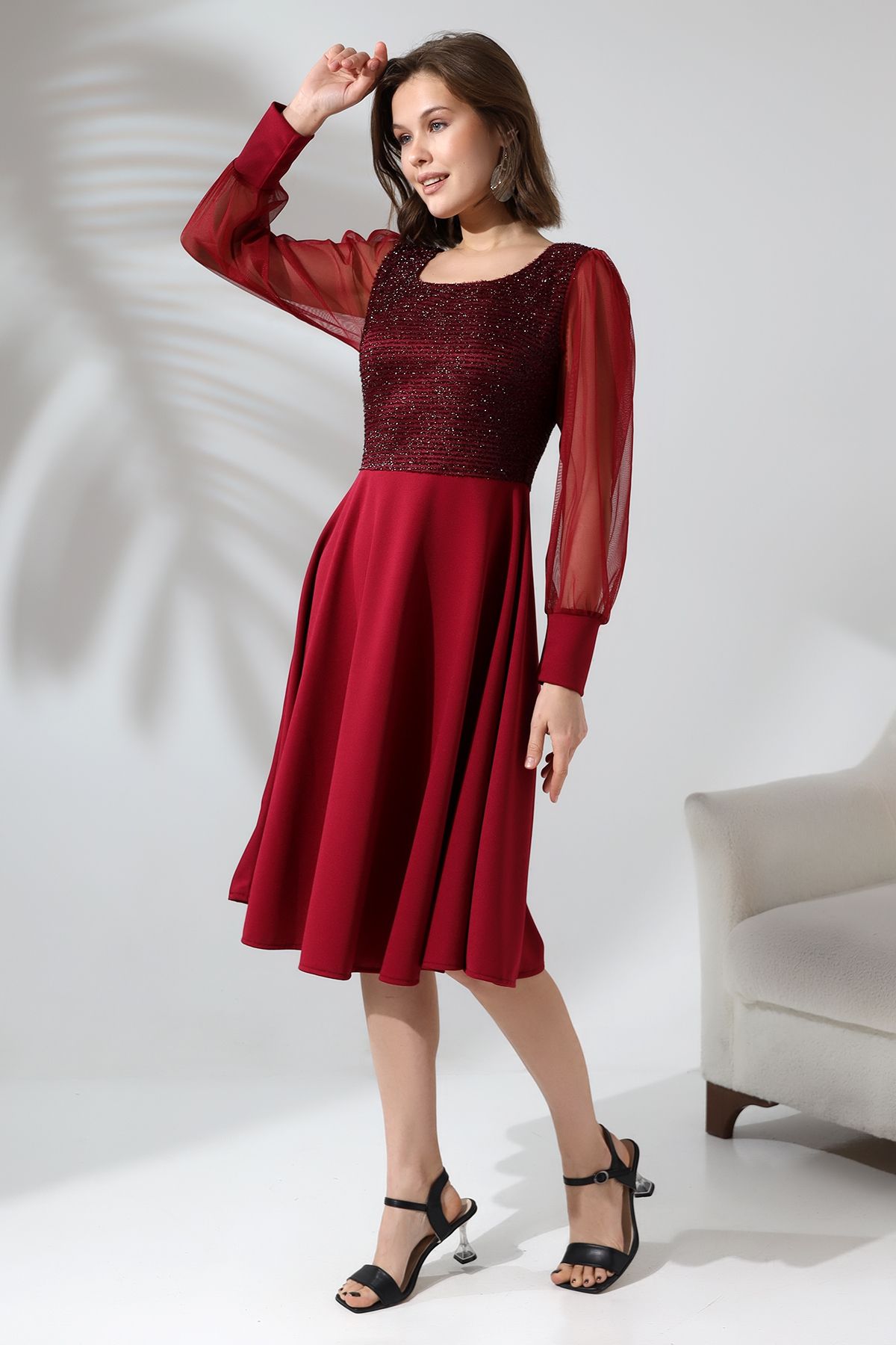 BORDO Simli Yuvarlak Yaka Elbise F119