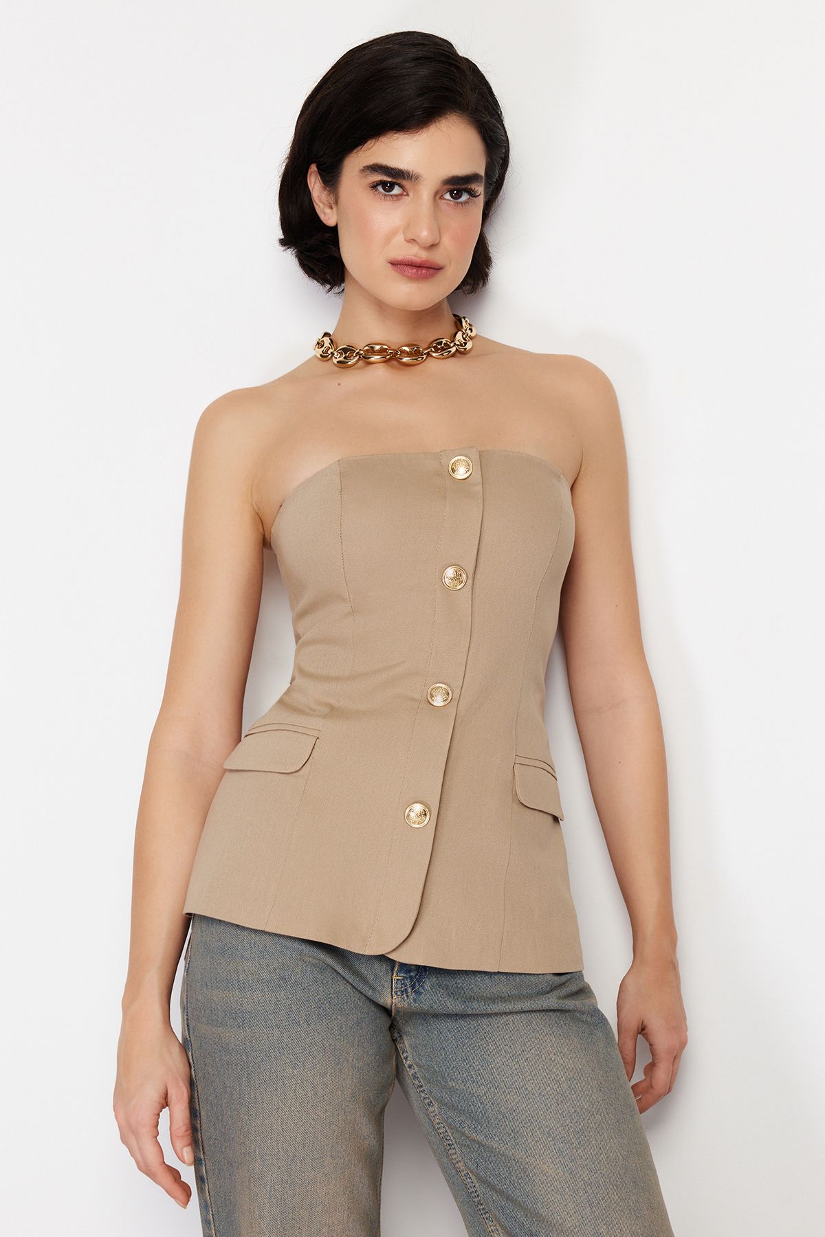 Trendyol Collection Beige trägerlose Premium-Webweste - TWOSS24YE00021