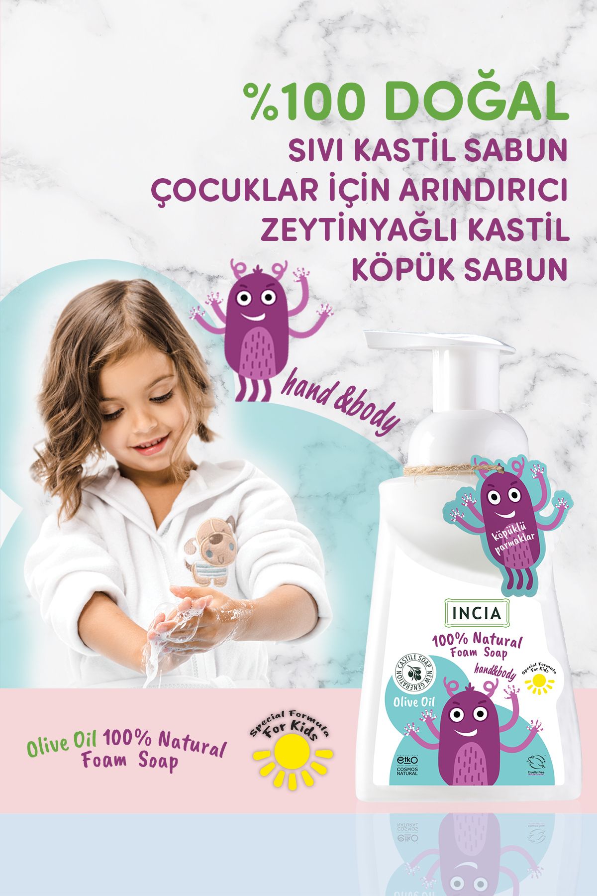 %100 Doğal Köpük Kastil Sabunu Çocuklar Için Zeytinyağlı 10 Bitkisel Değerli Yağ 200 ml 2 X Adet