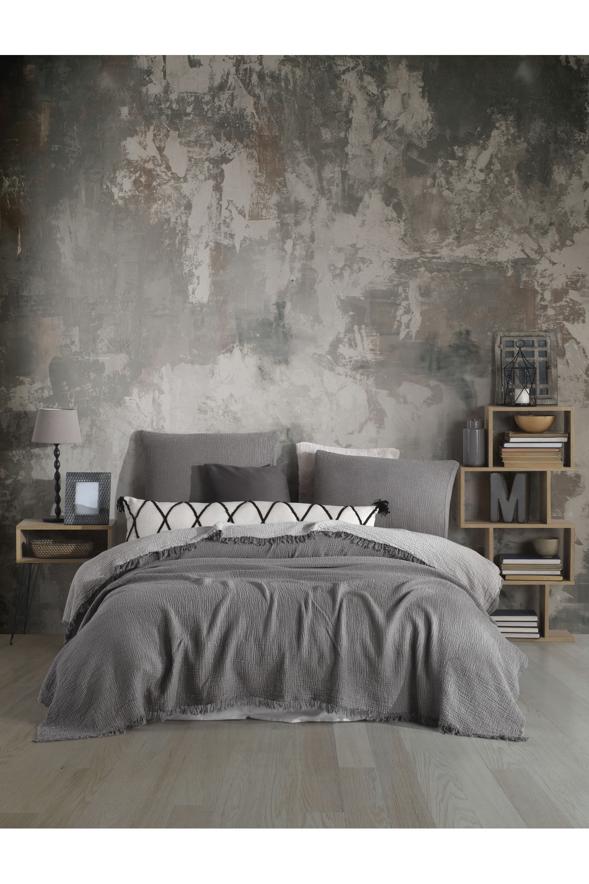 destinyhometex Antrasit Tek Kişilik 160 X 240cm Yatak Örtüsü/1 Adet 50x70cm Yastık 4 Katlı Multi Muslin %100 Pamuk