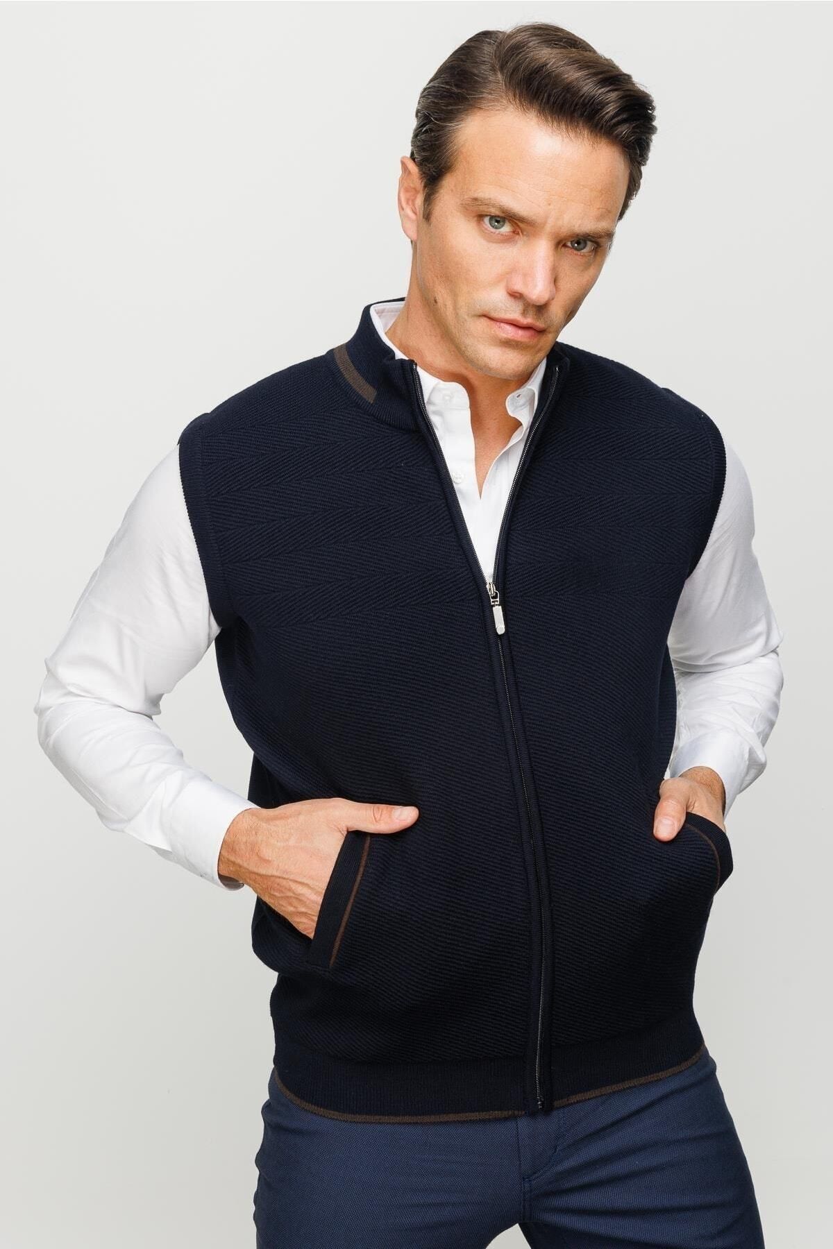 Desen Triko Men s Steel Knit Wool Vest Navy Blue Trendyol