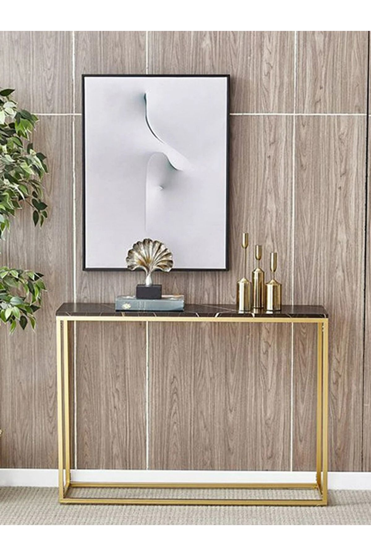 Dresuar Metal Ayaklı Dekoratif Vitrin Gold Siyah Mermer