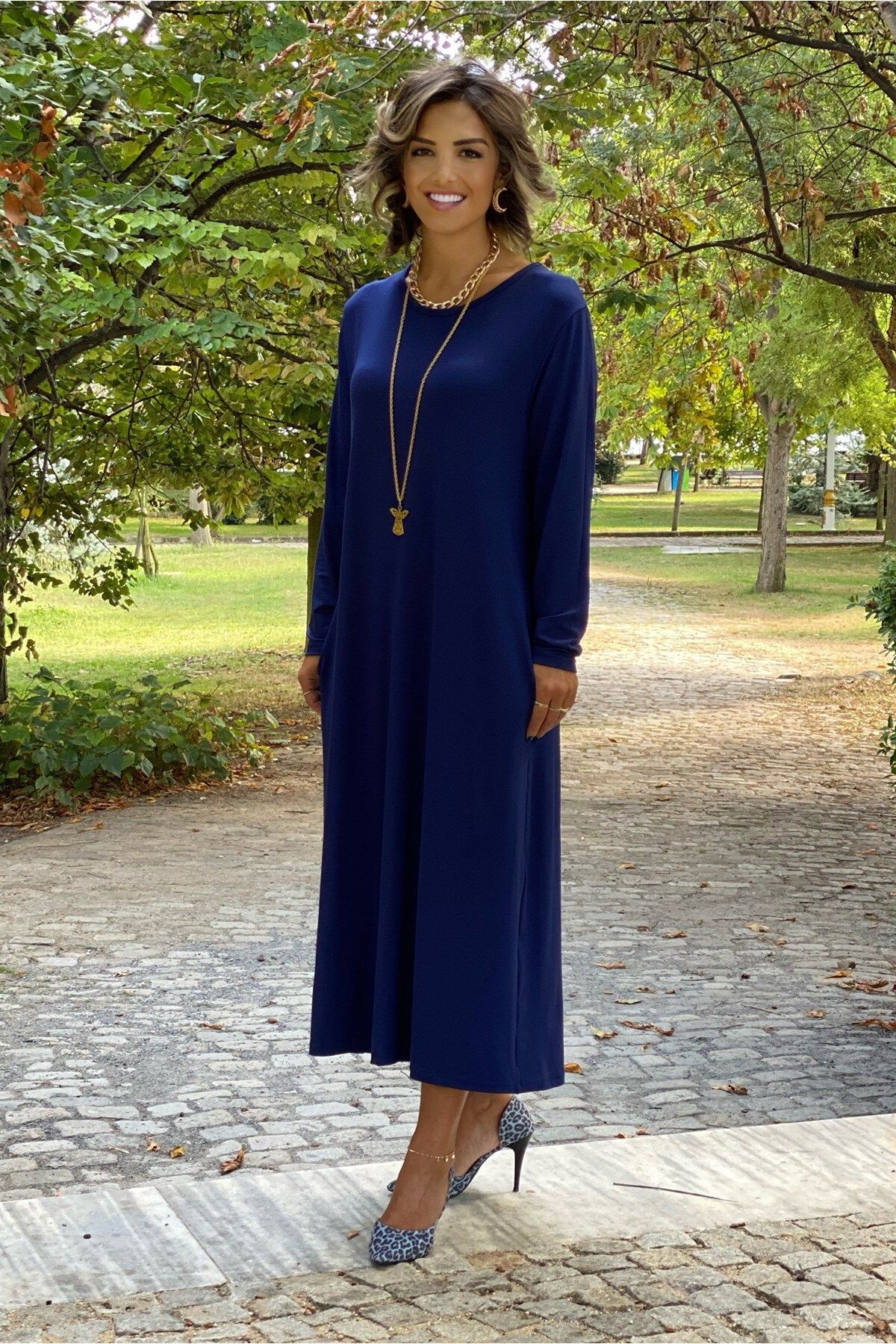 Nevin Kaya Moda Rochie Pieptănată Din Bumbac Cu Mânecă Lungă, Albastru Bleumarin Femeie - Standard