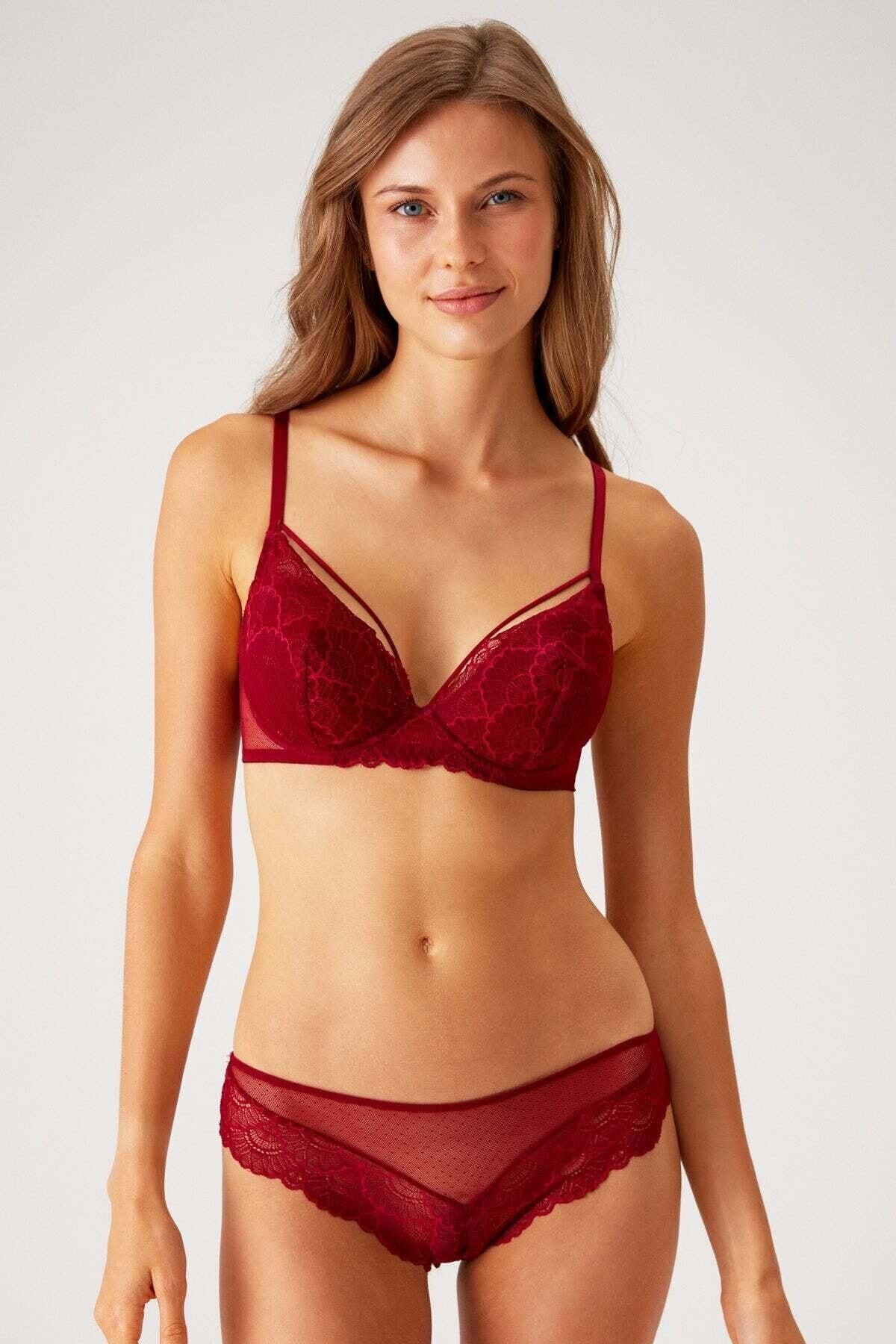 Bordo 4822 Balenli Ve Pedli Ip Detaylı Dantelli Transparan Comfy Sütyen Ve Külot/iç Çamaşır Takım