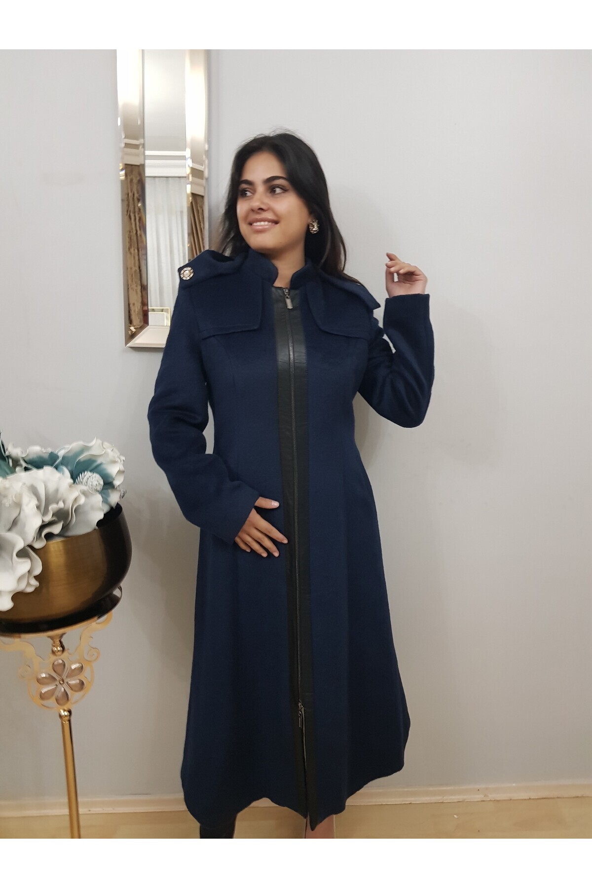 FERGAN  Kadın Lacivert Midi Boy Kapüşonlu Kaşe Palto Kaban - Görsel 5