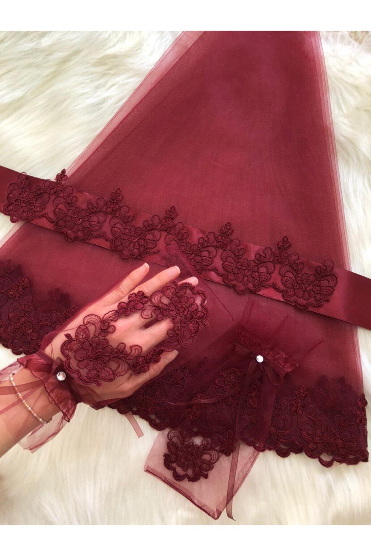 Bordo İnce Fransız Dan + Beli Dantelli Kuşak + Eldiven