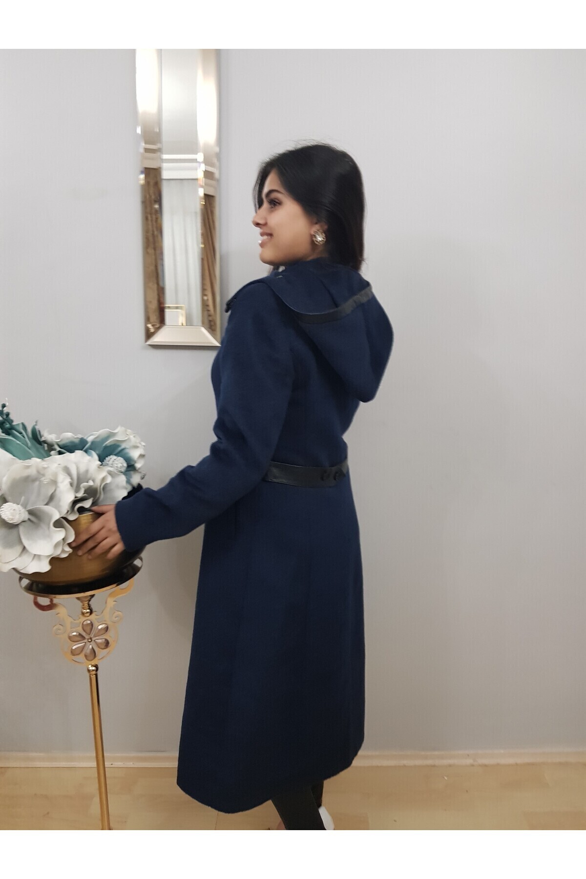 FERGAN  Kadın Lacivert Midi Boy Kapüşonlu Kaşe Palto Kaban - Görsel 4
