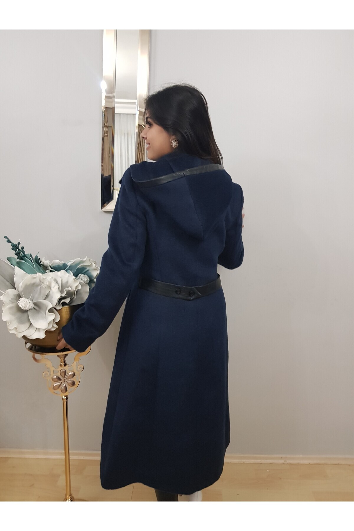 FERGAN  Kadın Lacivert Midi Boy Kapüşonlu Kaşe Palto Kaban - Görsel 3