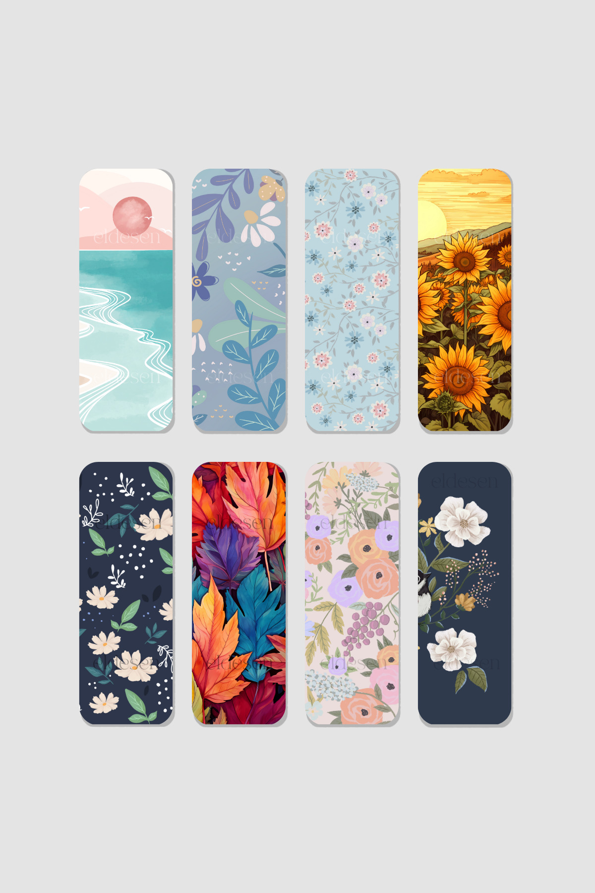 Eldesen Tasarım Ayraç Seti, Çiçek Temalı 8'li Kitap Ayracı Seti, 5,25x14,85cm Boyutunda, İnce
