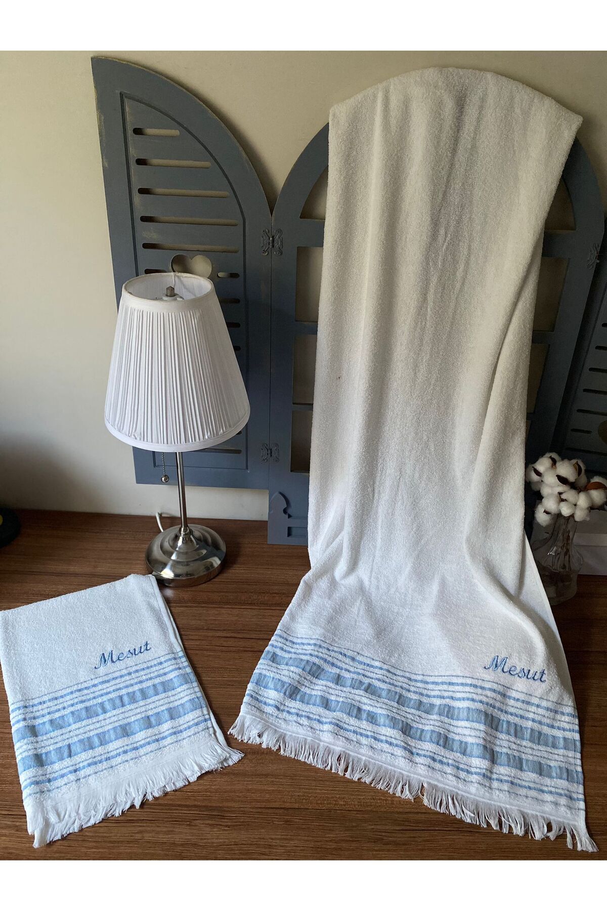 Custom Embroidered Bath Towel Set 50x90 + 70x140 Cm Blue