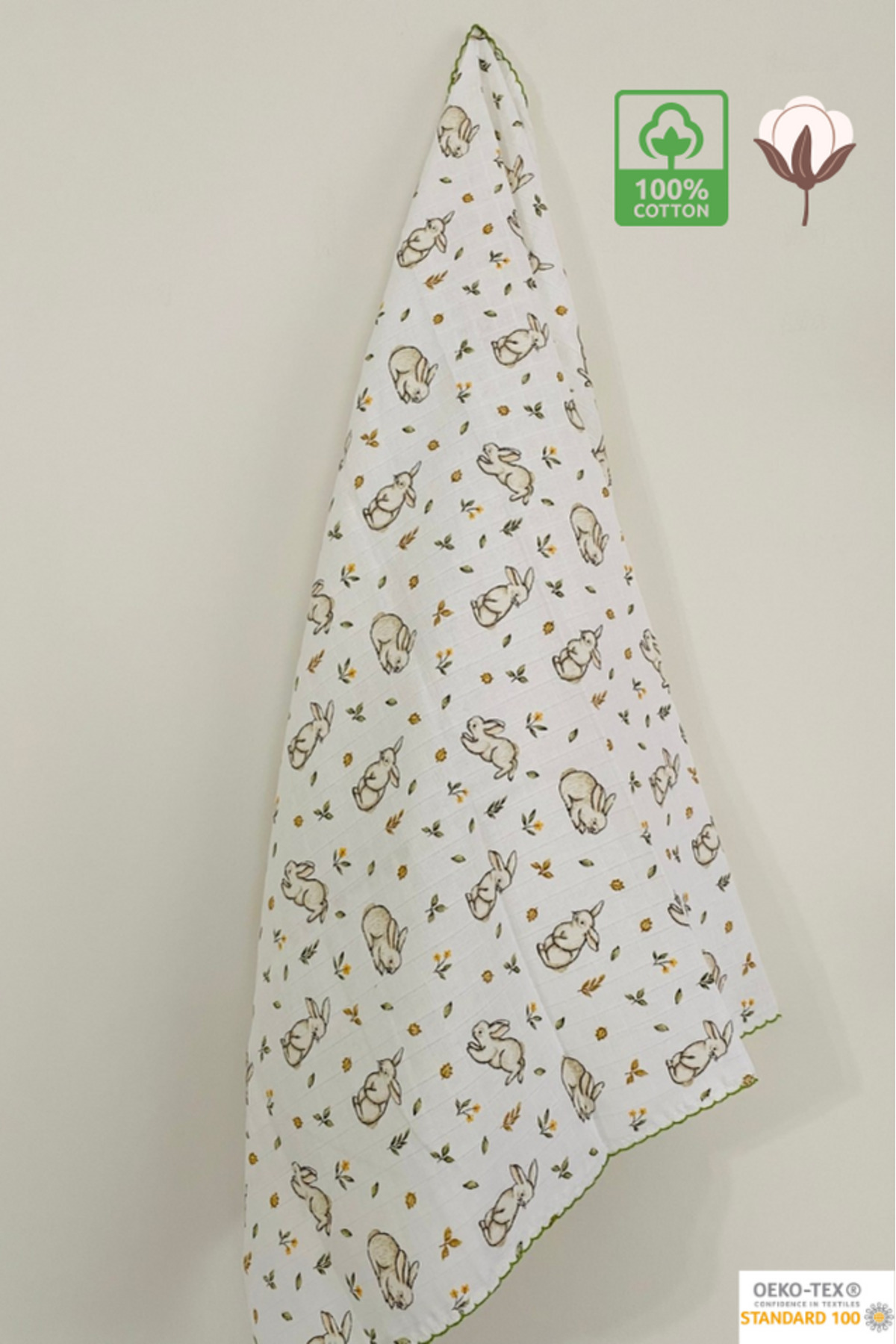 100% Cotton Rabbit Pattern 80x90 cm Multi-Purpose Muslin Cover Baby / Child / Newborn with Edge Embroidery