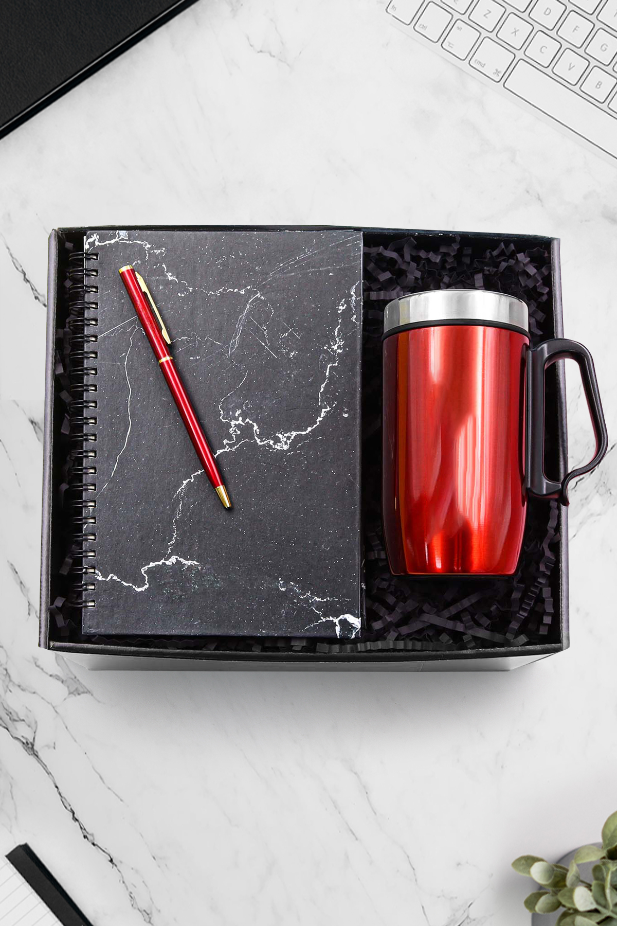 Trendmiya 280 ML Kulplu Kırmızı Çelik Termos & Kırmızı Tükenmez Kalem & Mermer Desenli Defter Hediye Seti