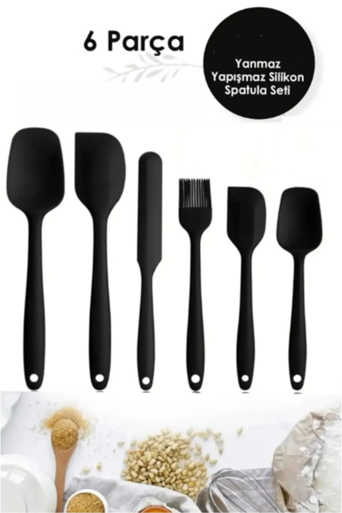 Isıya Dayanıklı Yanmaz Yapışmaz Silikon Spatula Seti 6 Parça Siyah