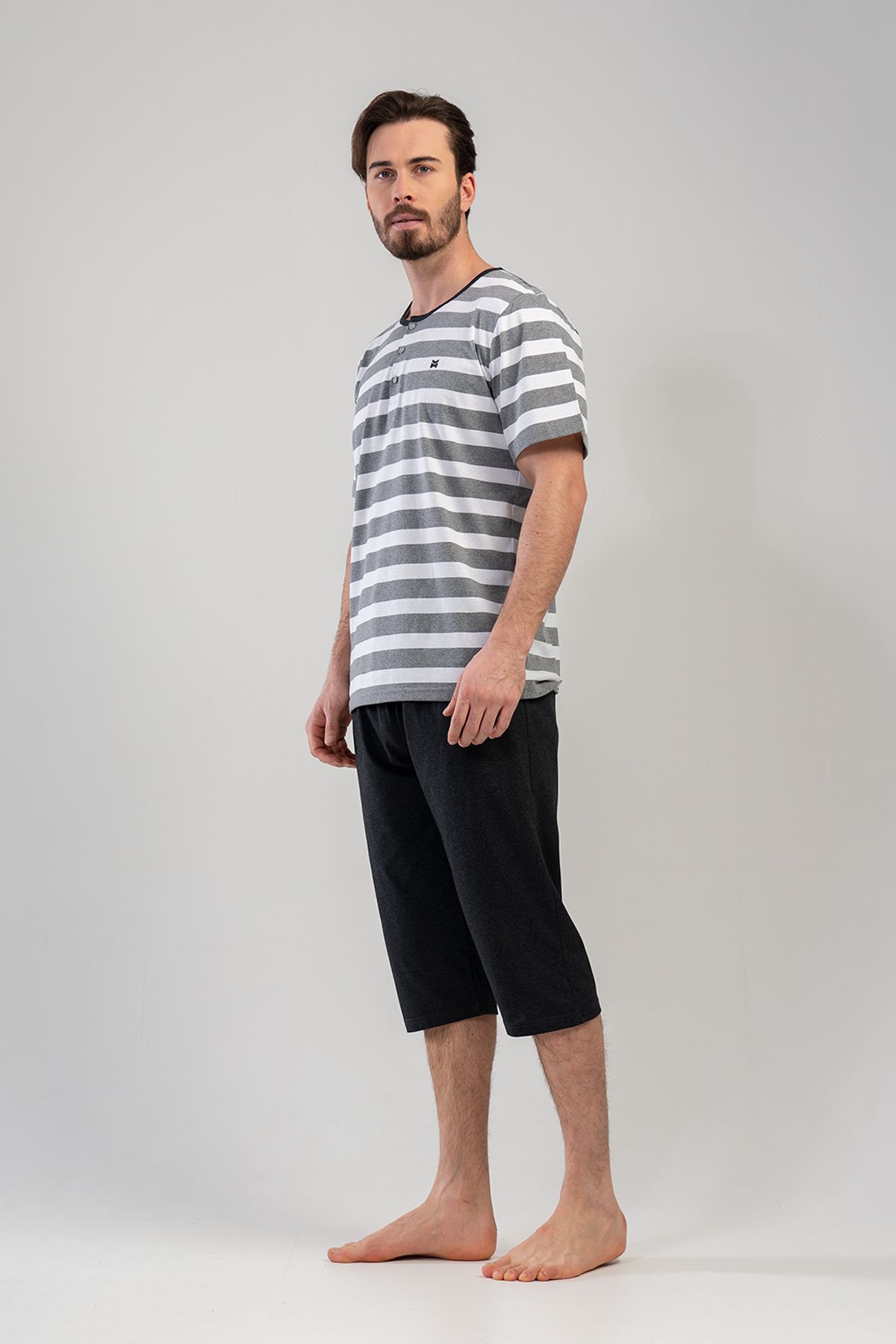 VİENETTA-Men's Large Size Short Sleeve Capri Pajama Set
,111190 3