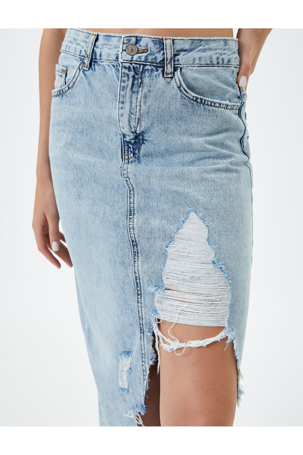 Koton Midi Denim Skirt Ripped Slit Detailed Standard Waist Pocket