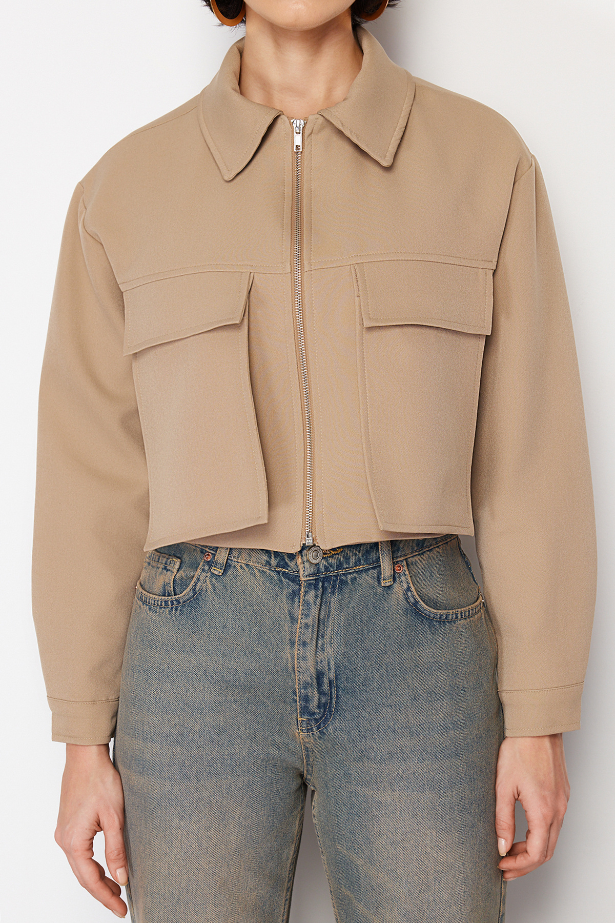  TRENDYOLM?LLA Vizon Cep Detayl? Utility Crop Dokuma Ceket