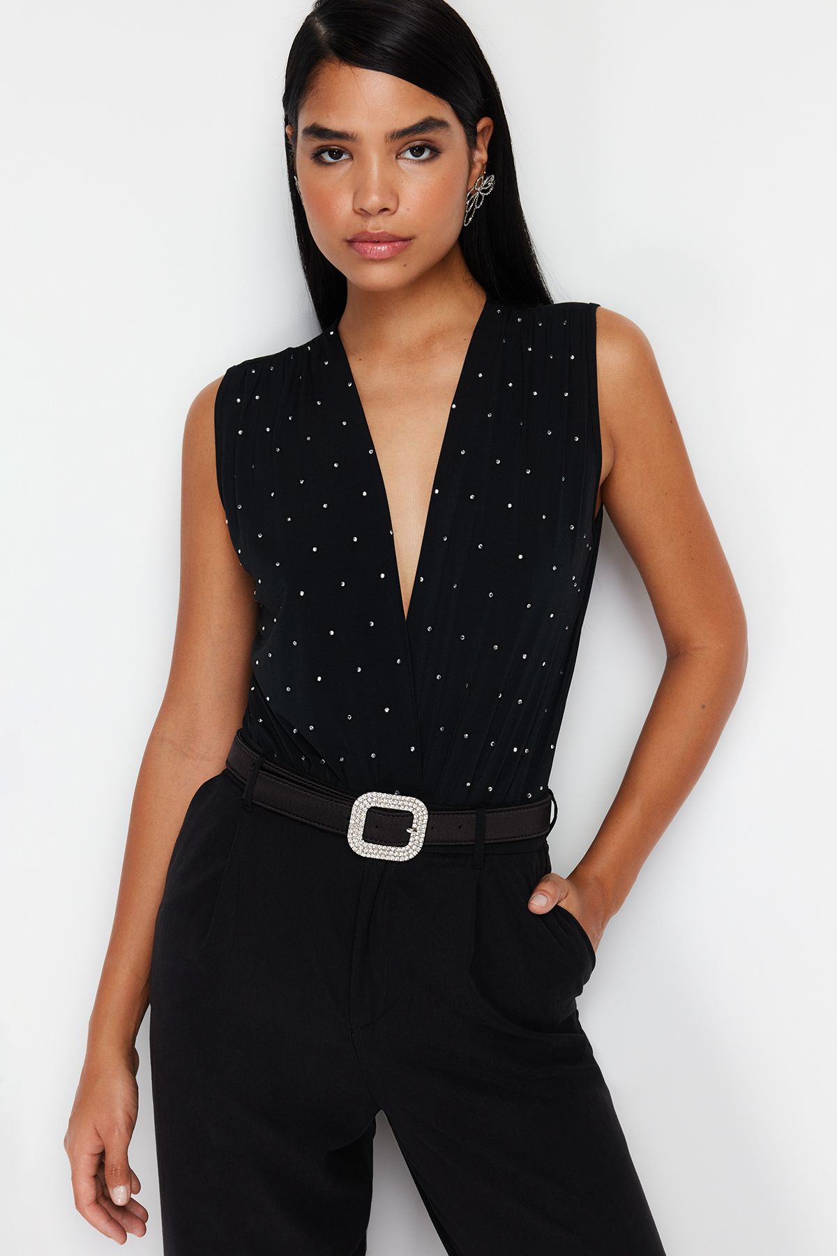 Trendyol Collection Czarne, Wyściełane, Dwurzędowe, Dzianinowe Body Z Błyszczącymi Kryształkami Kobieta - 36