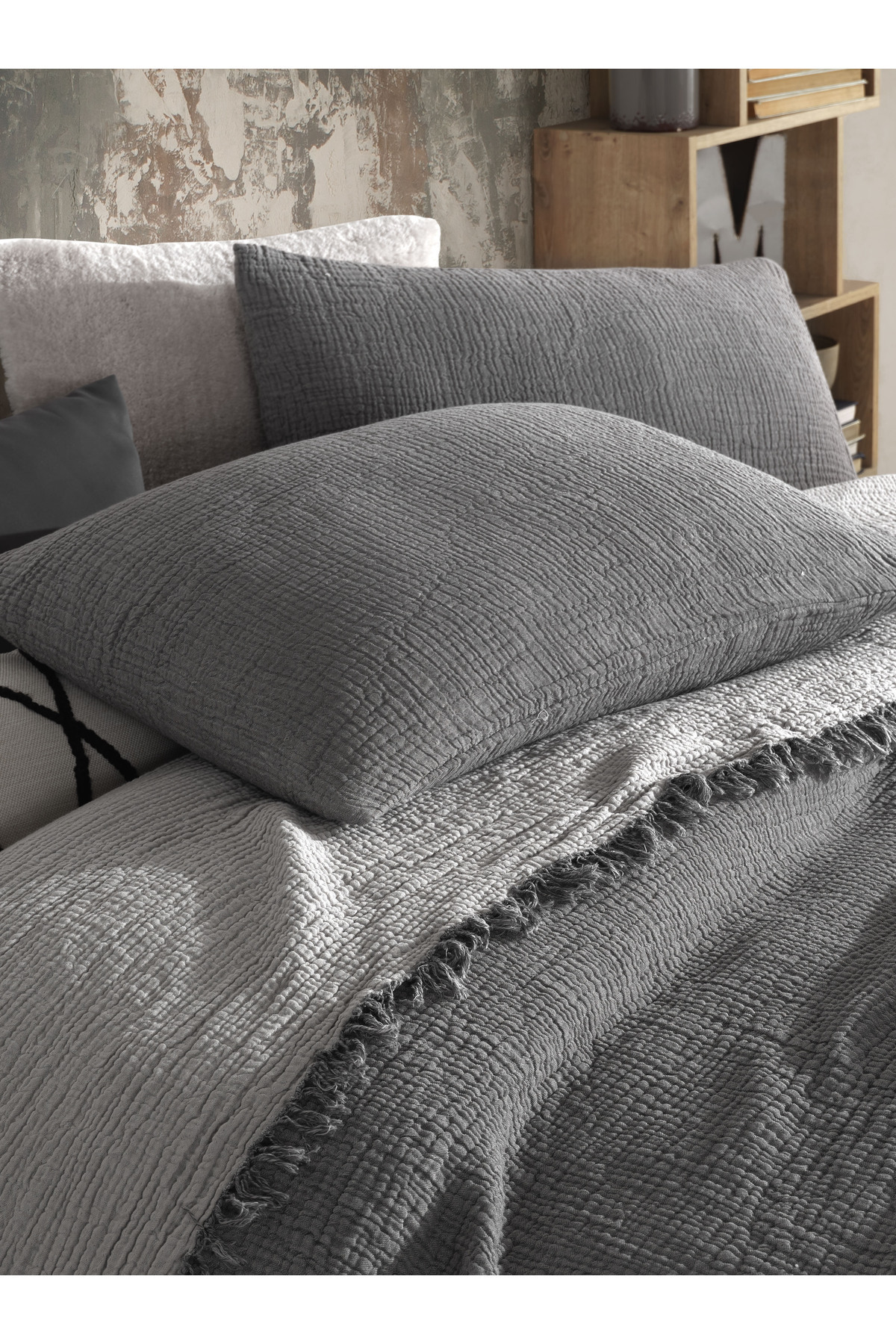 destinyhometex Antrasit Tek Kişilik 160 X 240cm Yatak Örtüsü/1 Adet 50x70cm Yastık 4 Katlı Multi Muslin %100 Pamuk