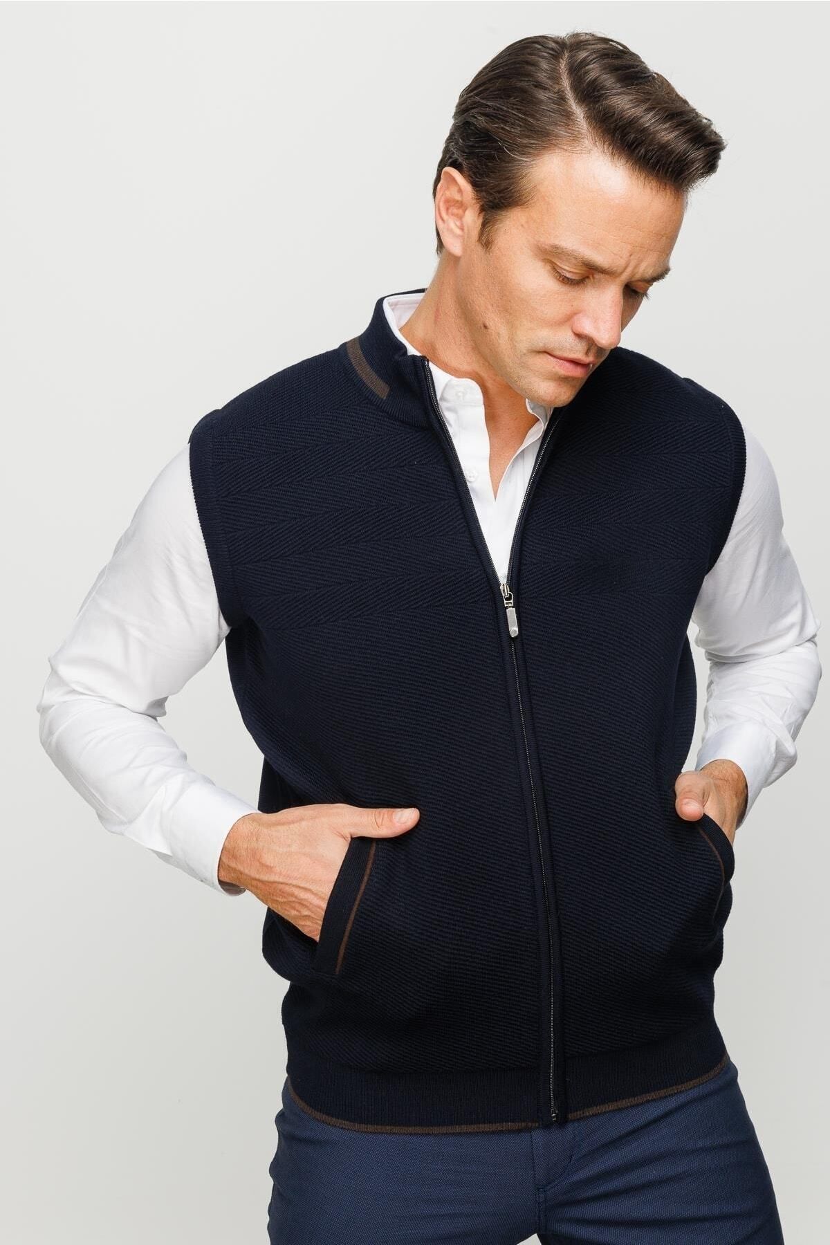 Desen Triko Men s Steel Knit Wool Vest Navy Blue Trendyol
