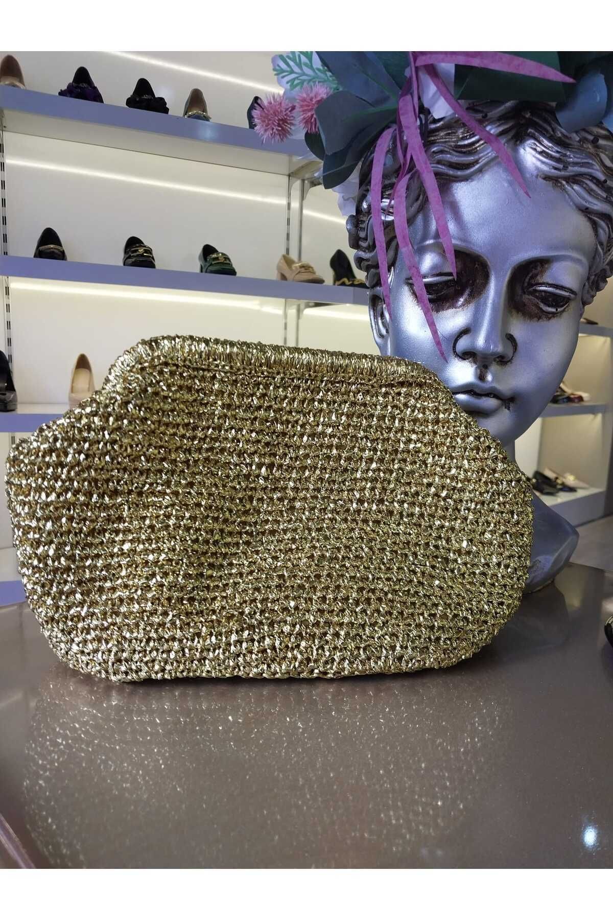 El Örme Kadın Gold Metalik Parlak Çanta