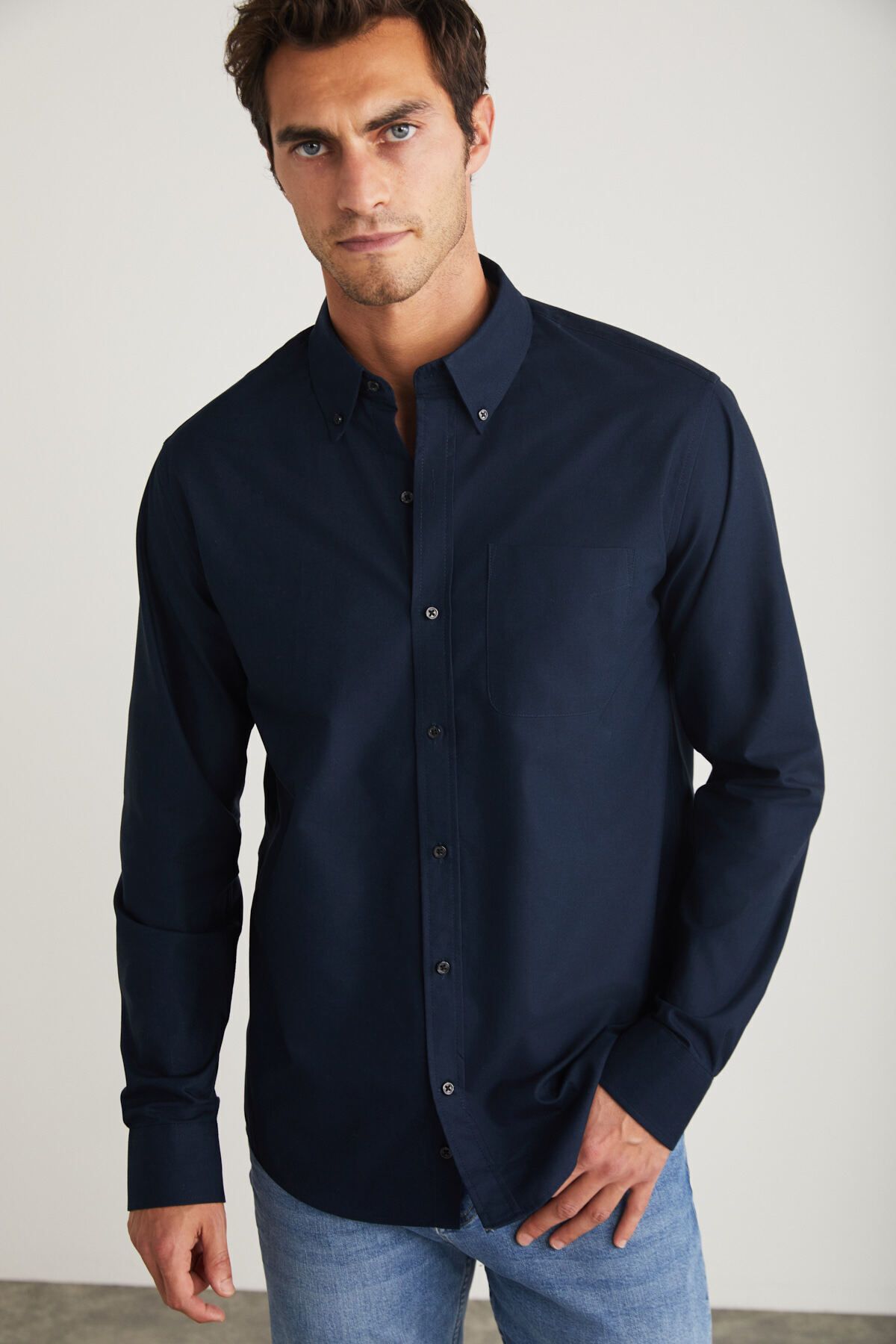Dark blue button up shop