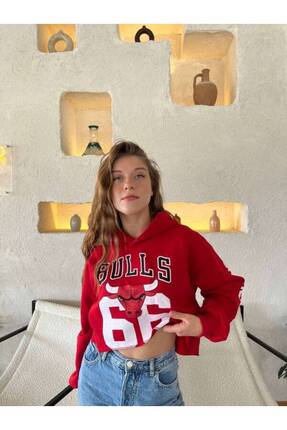 Genel Markalar Kadın Kapüşonlu Crop Şardonlu Kadın Sweatshirt